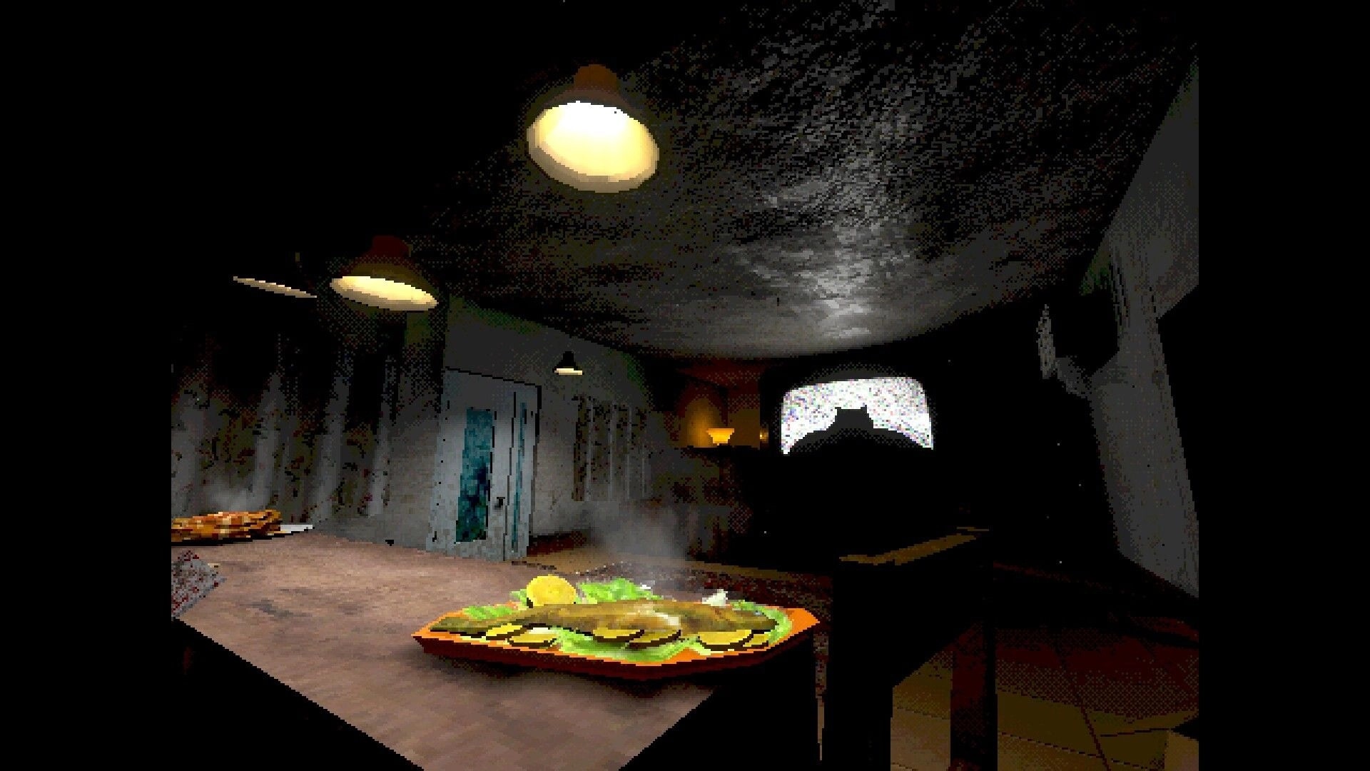FEED IT: Steaming plate of food on a counter in a dim kitchen, facing a shadowy figure by TV.