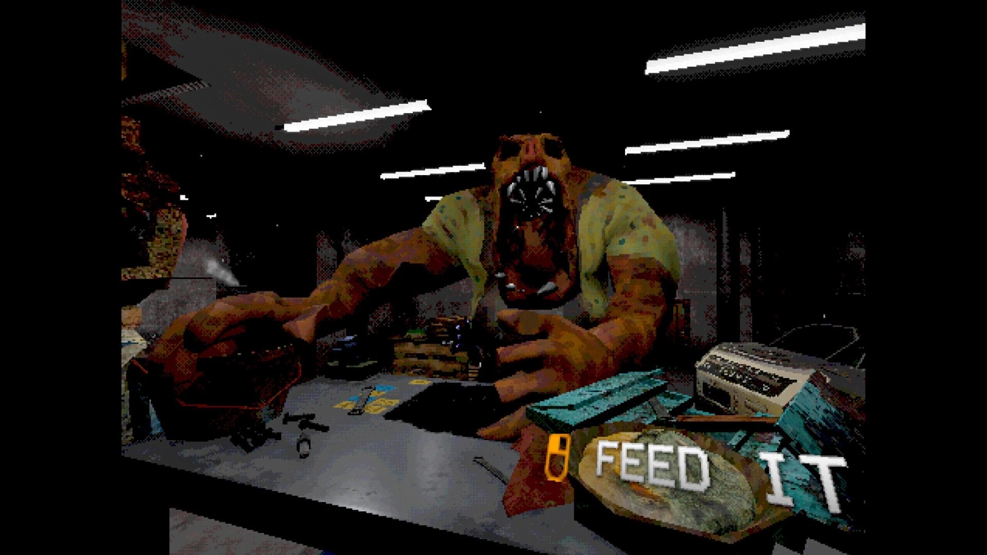 FEED IT: Monster in yellow shirt lunges over desk in dim office, FEED IT title overlay visible.