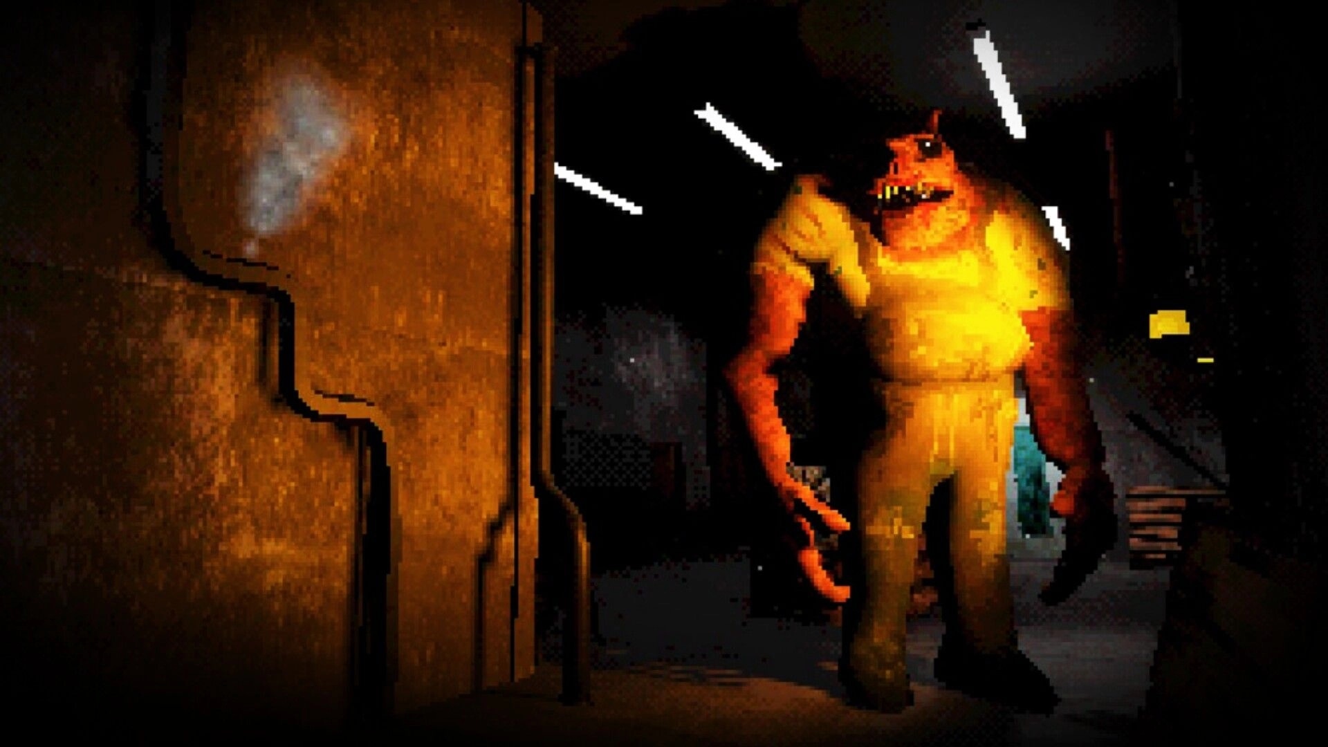 FEED IT: Snarling humanoid monster blocks a dim hallway under fluorescent lights near a doorway.