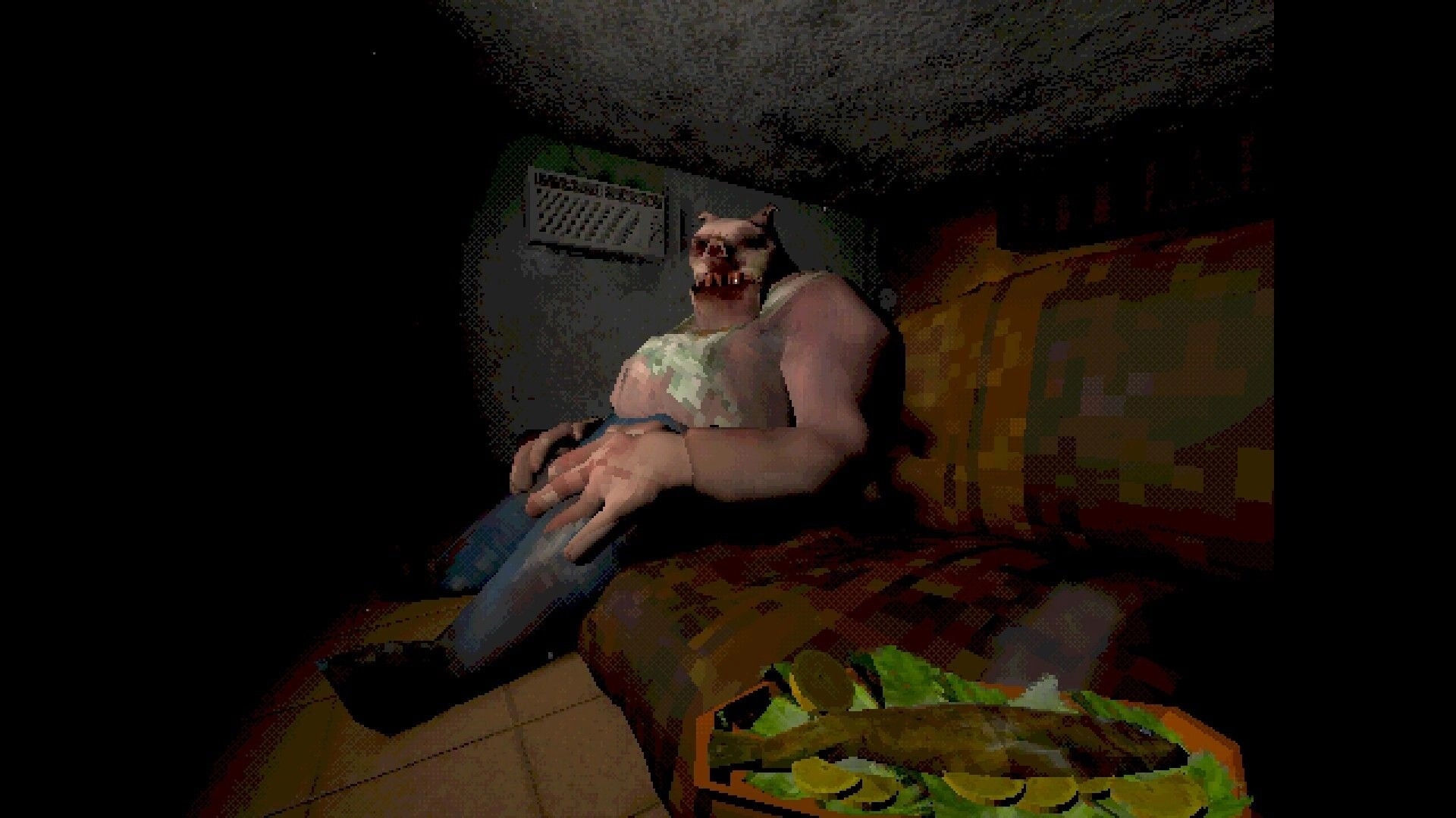 FEED IT: Monster lounging on a couch beside a tray of food in a dim, grainy apartment room.