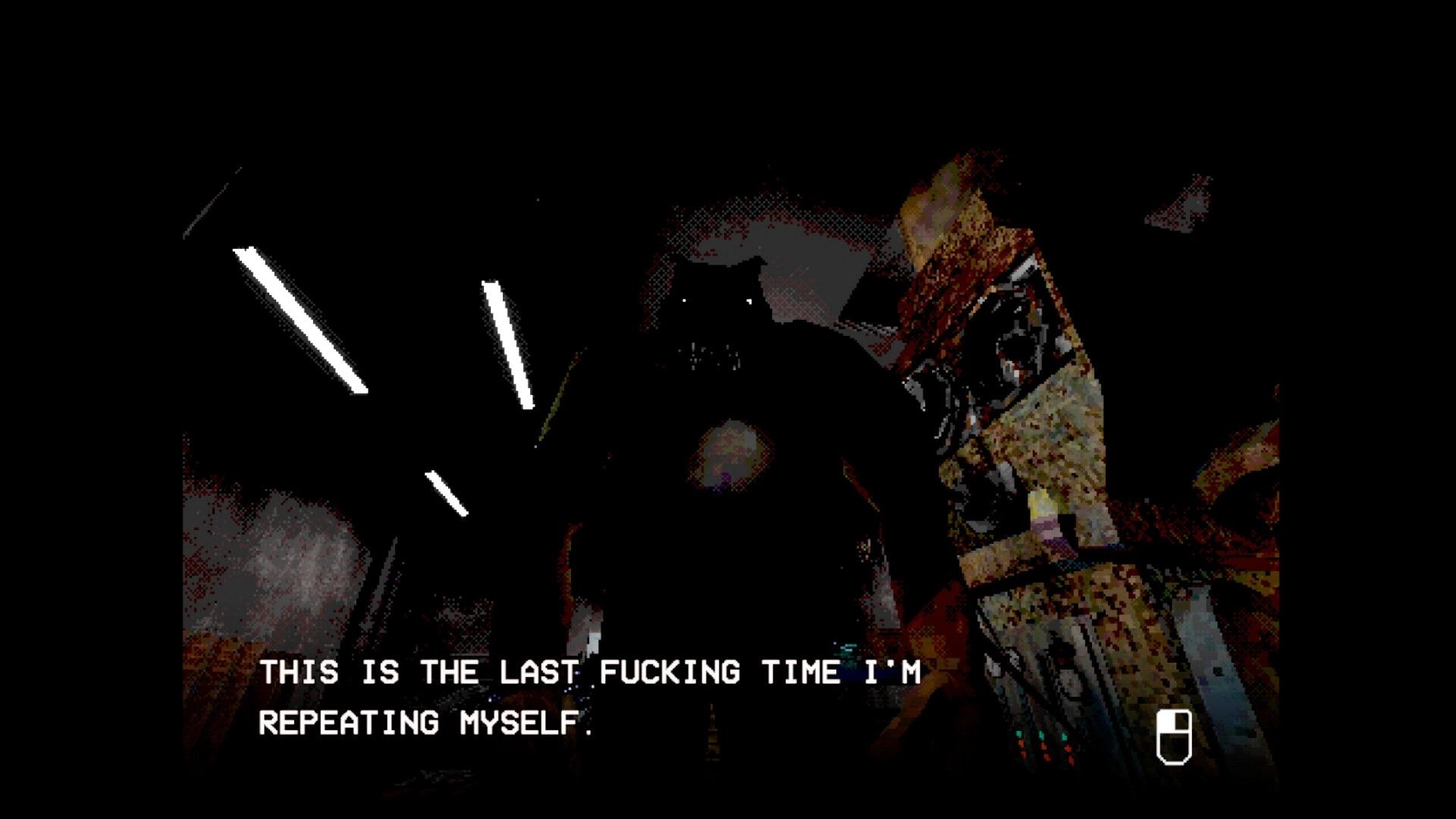FEED IT: Shadowy monster face looms in dark room with subtitle dialogue and a door icon HUD.