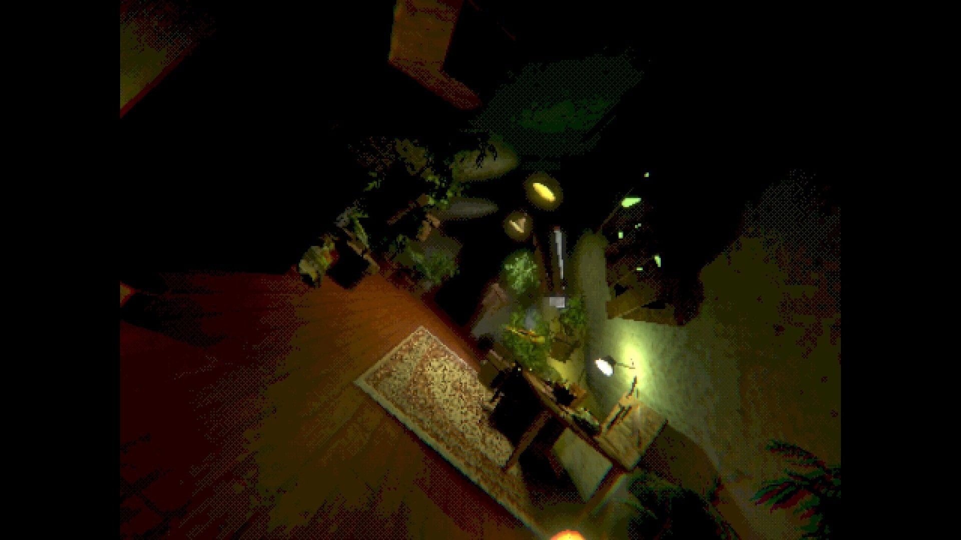 FEED IT: First-person view down a dim stairwell with green slime stains and a small crosshair HUD.