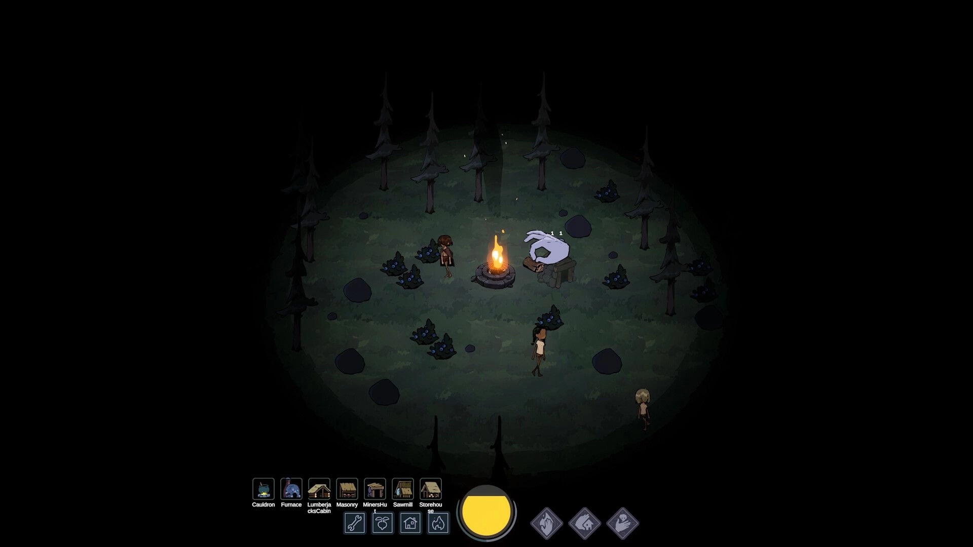 Feed the Giants: Giant hand by campfire with three children, build icons along bottom in dark forest.