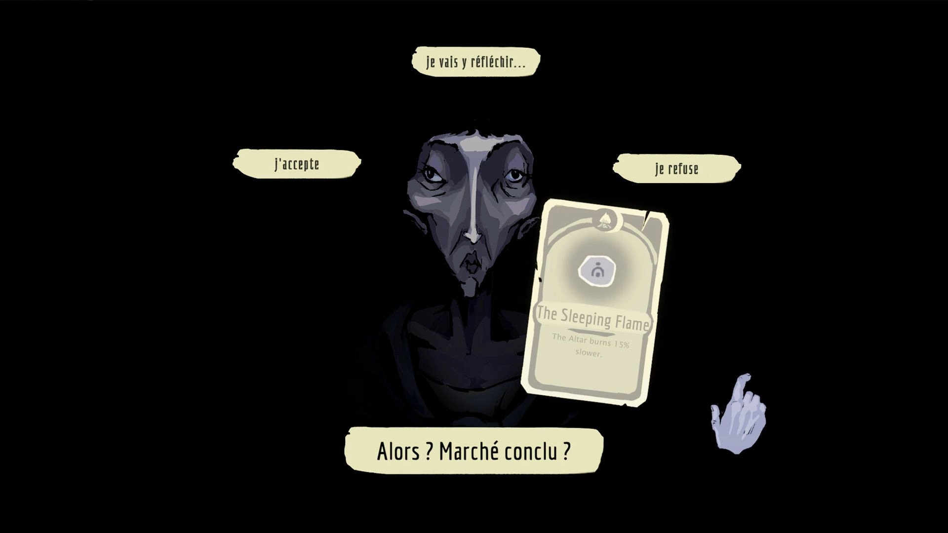 Feed the Giants: Choice dialog with eerie face and card reward, accept/refuse buttons on dark screen.