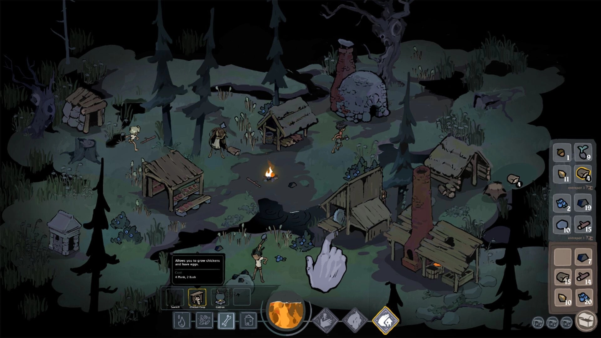 Feed the Giants: Camp management view with kids by a fire, build menu open in a dark forest camp.