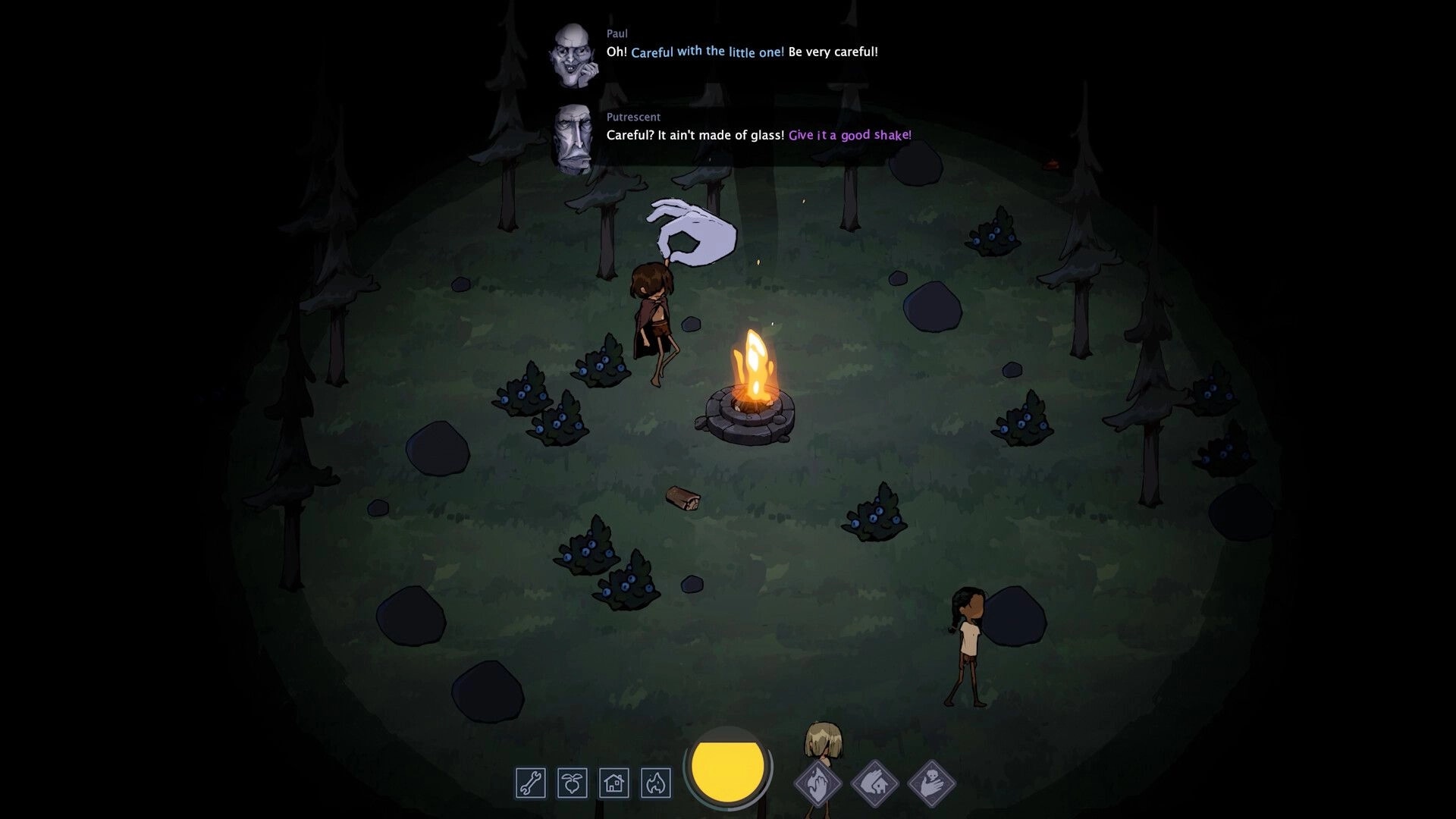 Feed the Giants: Giant hand hovers over child by campfire in dark forest, dialogue UI above.