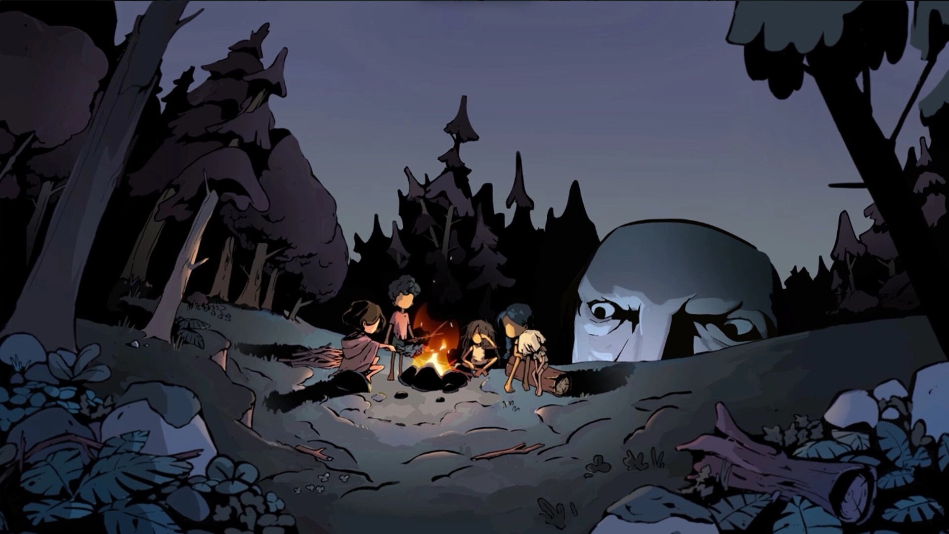 Feed the Giants: Lost children huddle at a campfire as a giant face watches from dark forest edge.