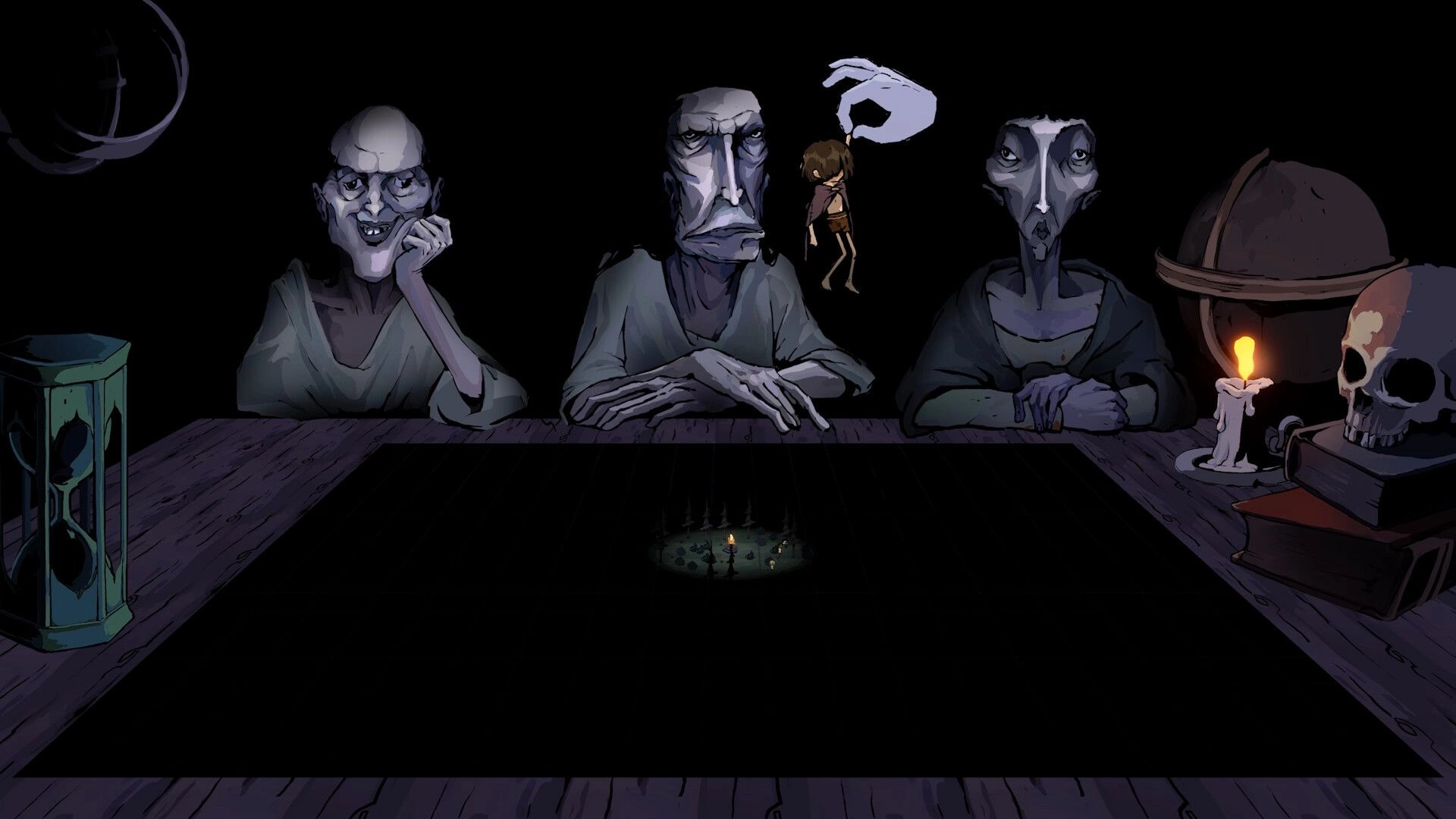 Feed the Giants: Giant faces loom over table, dangling child above a tiny map, candle and skull nearby.