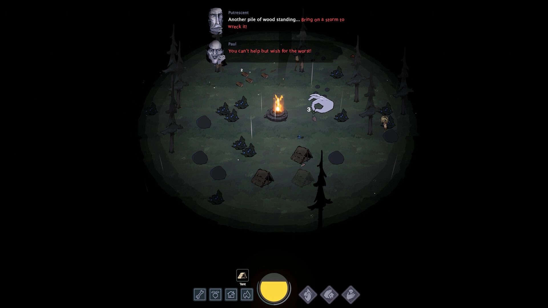 Feed the Giants: Campfire and tents in rainy forest clearing with giant hand cursor and dialogue UI.