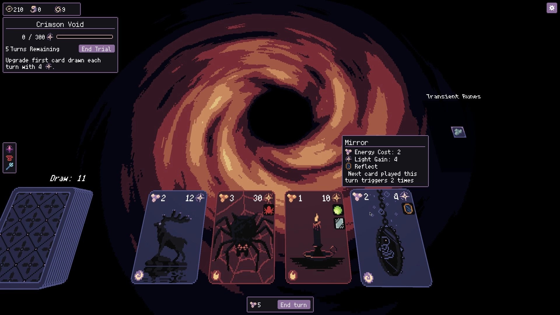 Feed The Void: Card hand with Mirror tooltip and End Turn button over swirling Crimson Void backdrop.