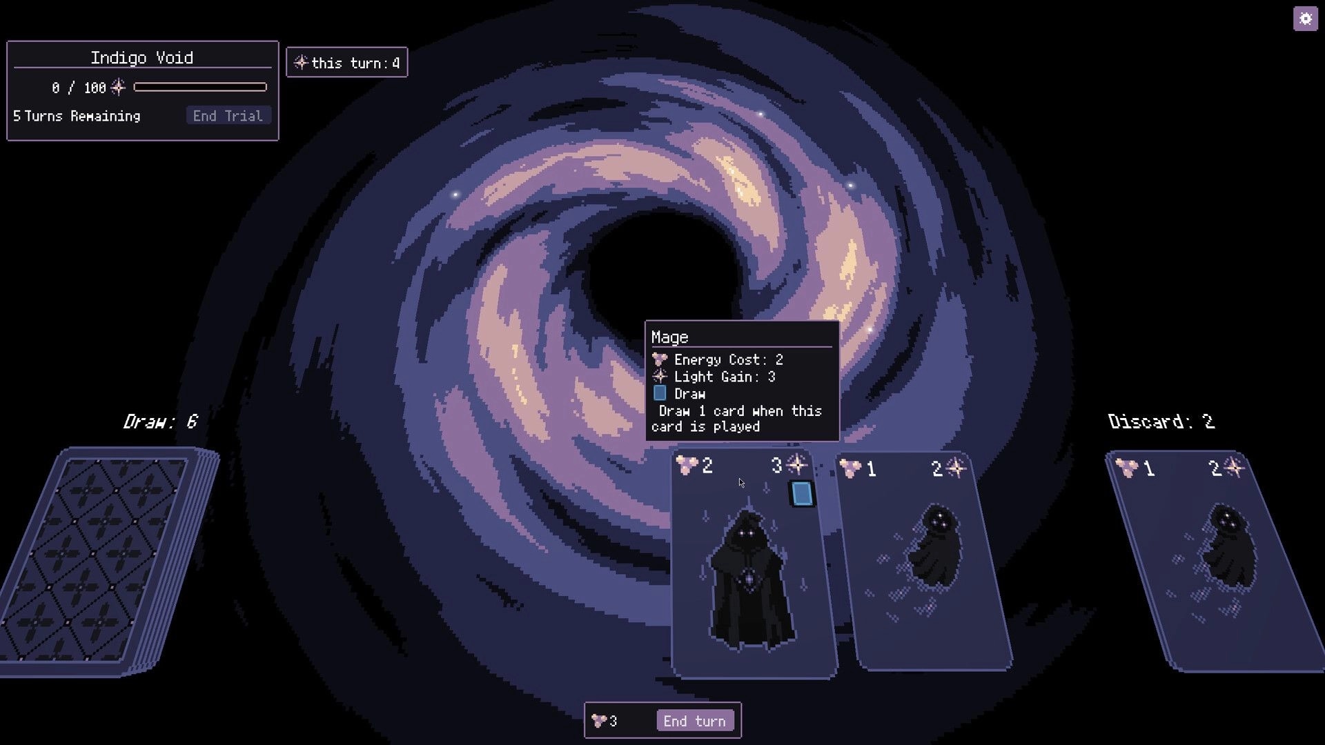 Feed The Void: Hovering Mage card tooltip over hand and draw/discard piles in Indigo Void trial screen.