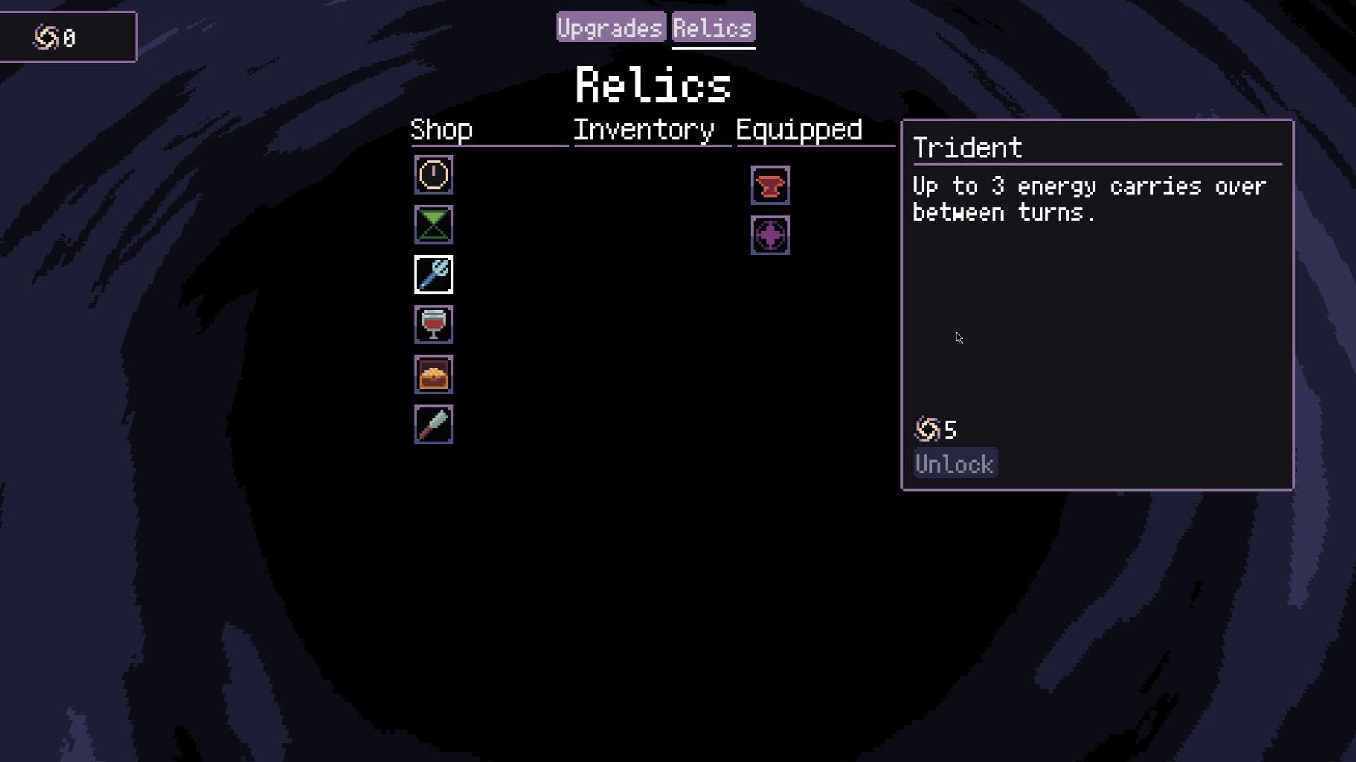 Feed The Void: Relics menu with shop icons and Trident tooltip on a swirling void background.