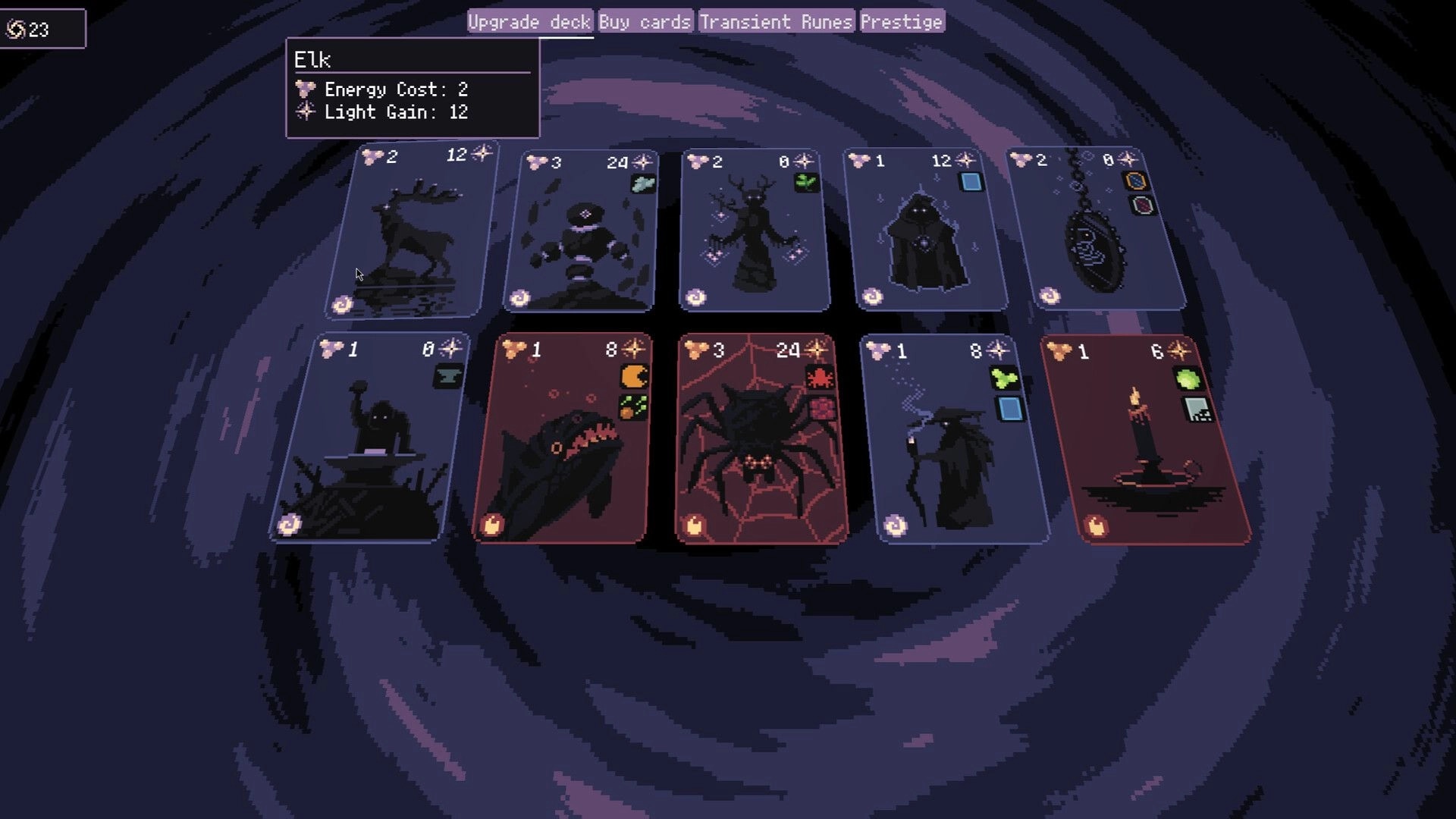 Feed The Void: Deck upgrade menu with card grid and Elk stats panel over swirling void backdrop.