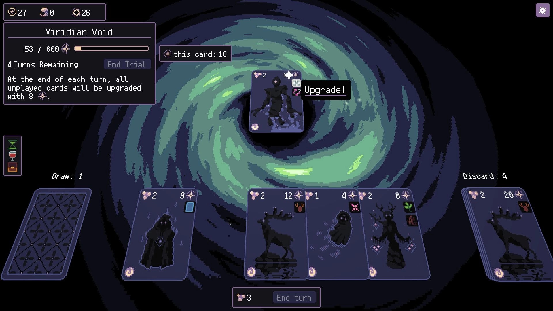 Feed The Void: Upgrading a card in Viridian Void trial with hand, draw pile, and End Turn UI.