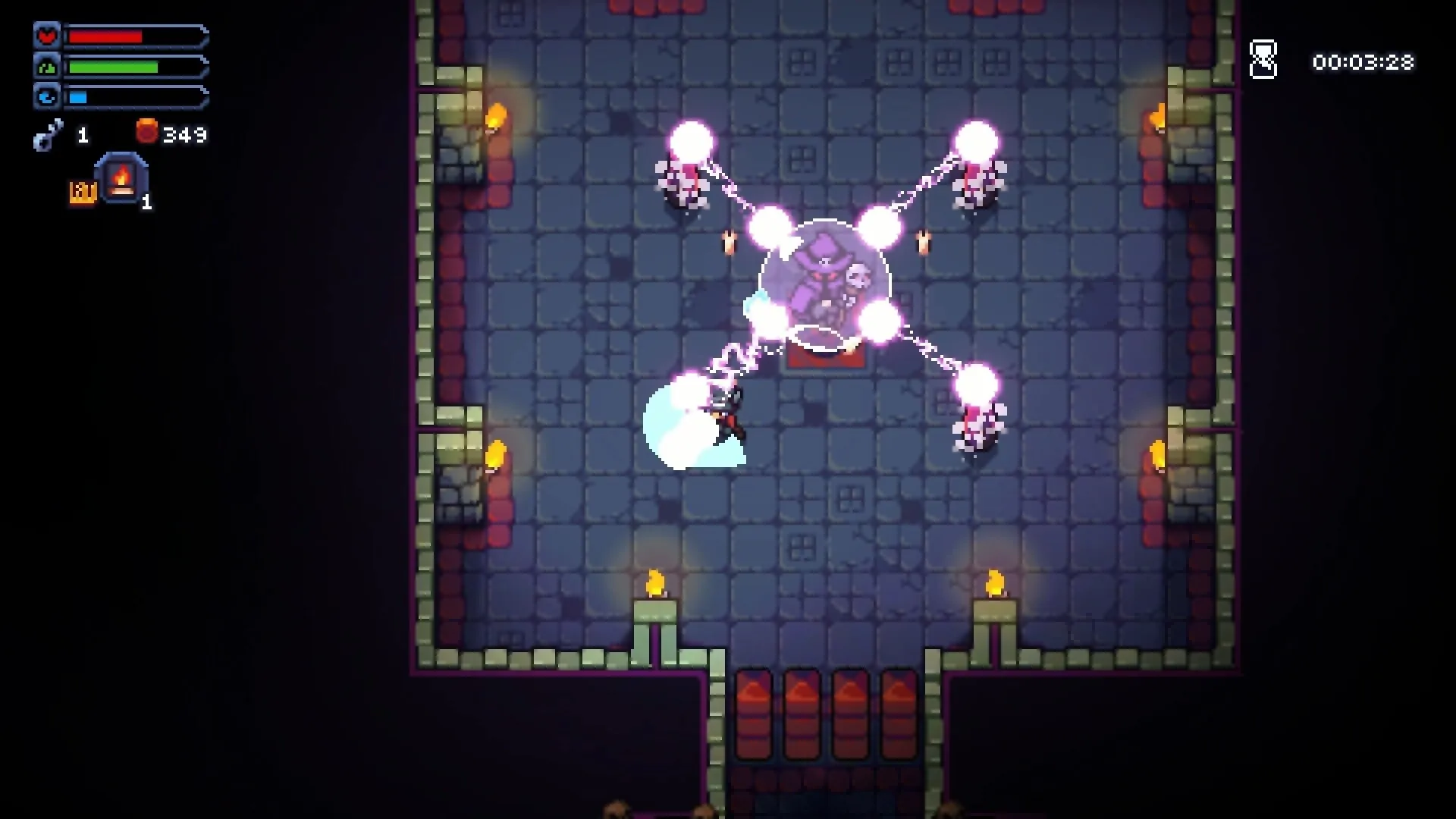 Felbound: Player battles a glowing boss in a stone chamber, with health bars and timer displayed