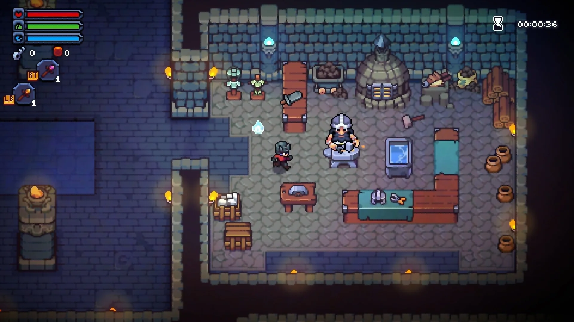 Felbound: Player interacting with a blacksmith in a torch-lit workshop, crafting items and managing gear