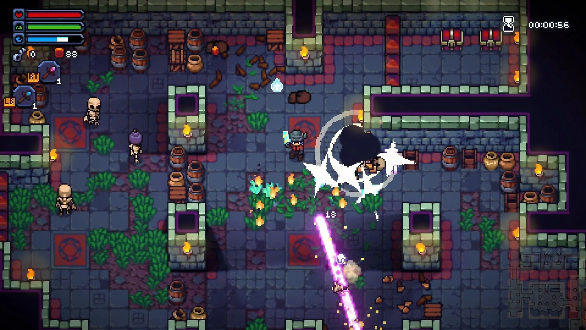 Felbound: Player battles skeletons with magic in a torch-lit ancient temple room filled with barrels.