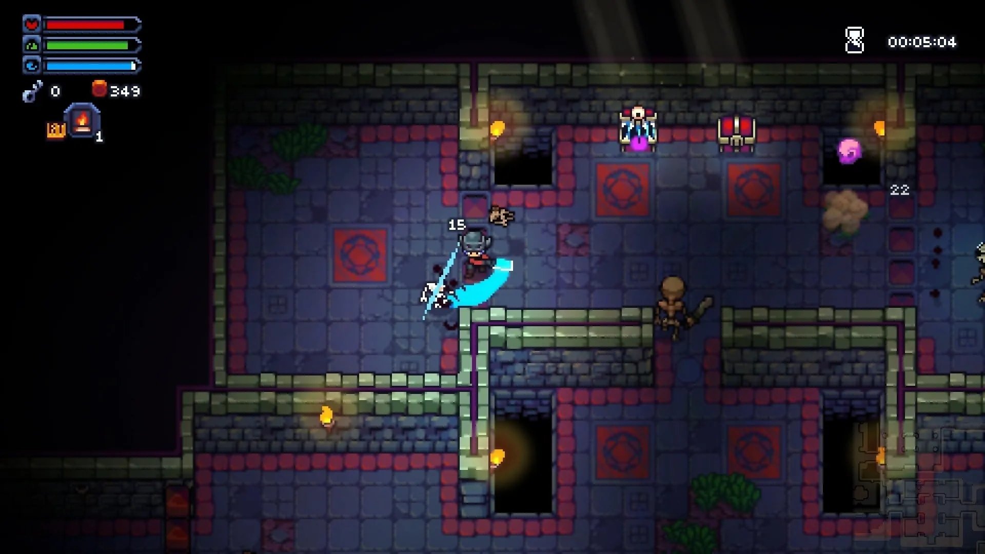 Felbound: Character fights skeleton in torchlit dungeon hall with health bars and currency displayed