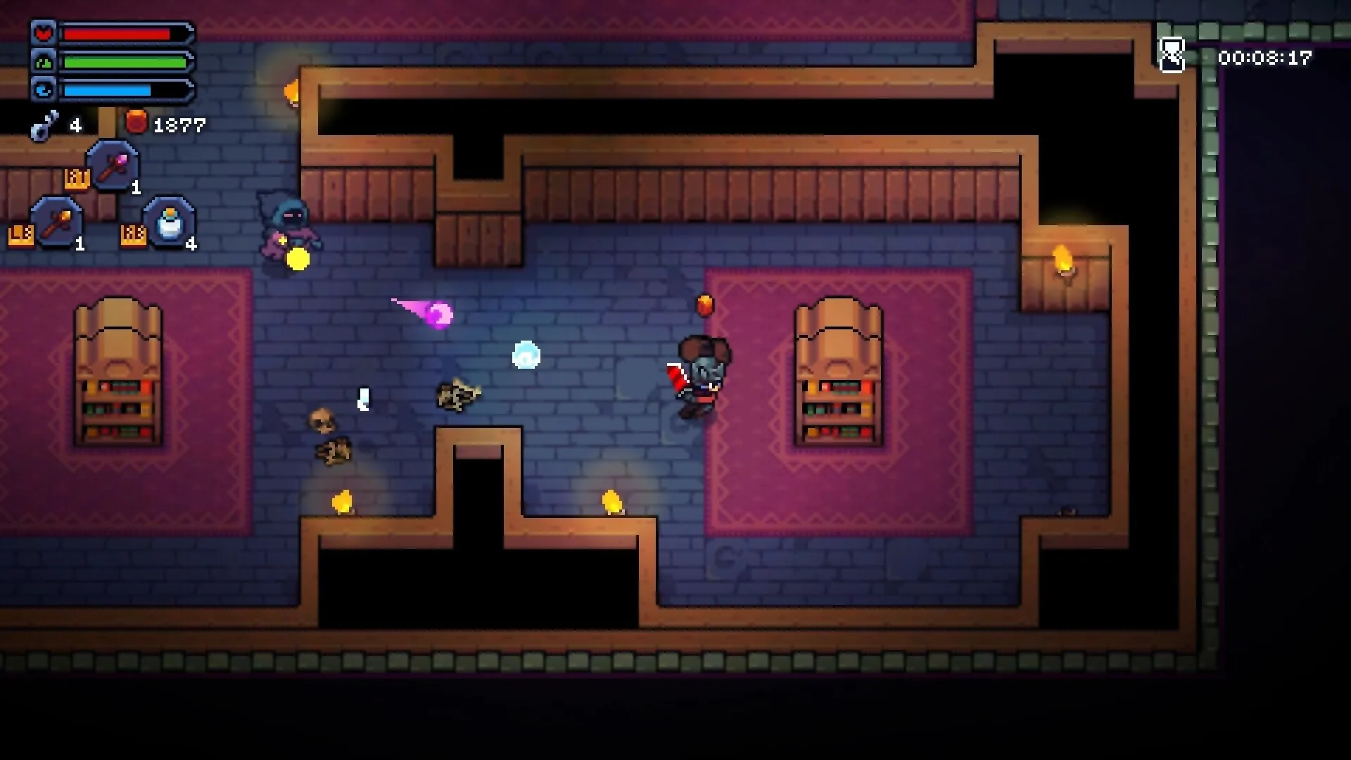 Felbound: Hero in combat with shadow enemies in ancient temple corridor with visible health bars