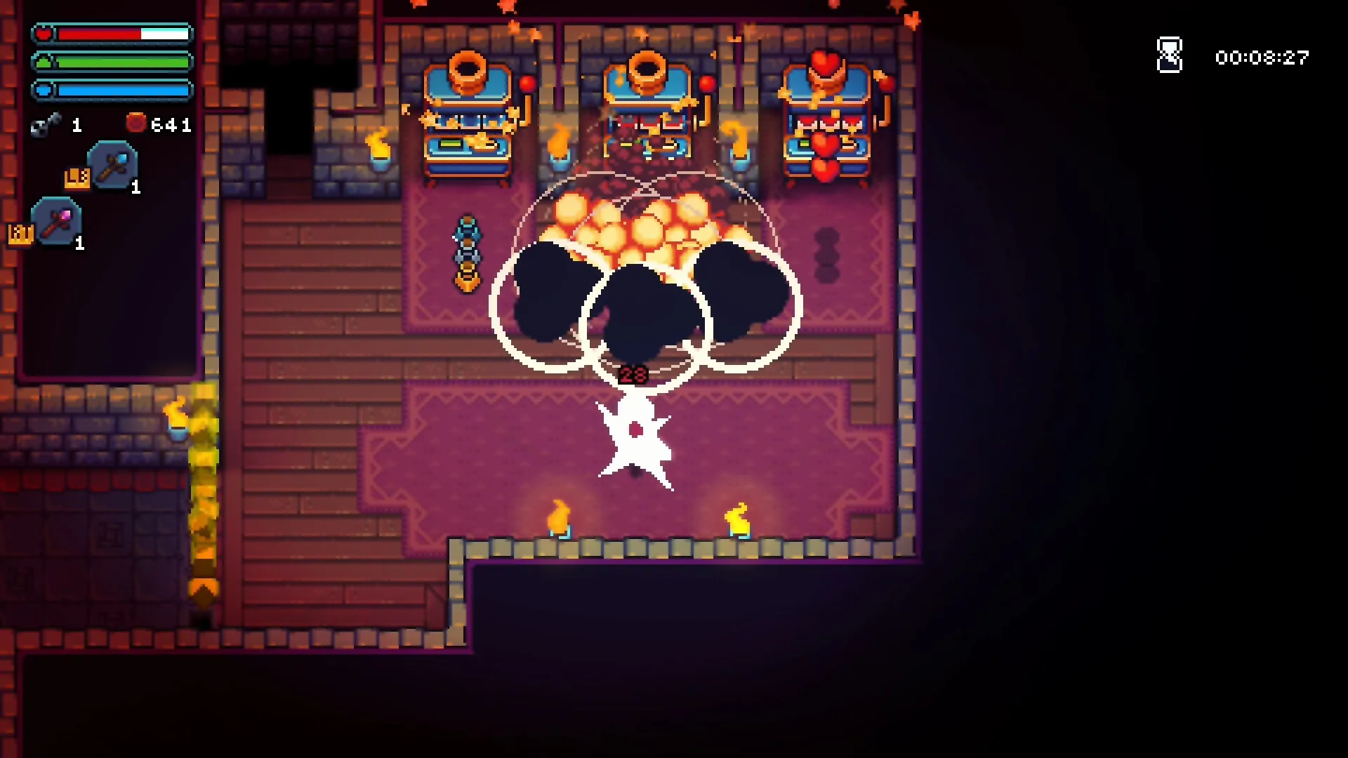 Felbound: Player character casting explosive spell in treasure room with three ornate chests.