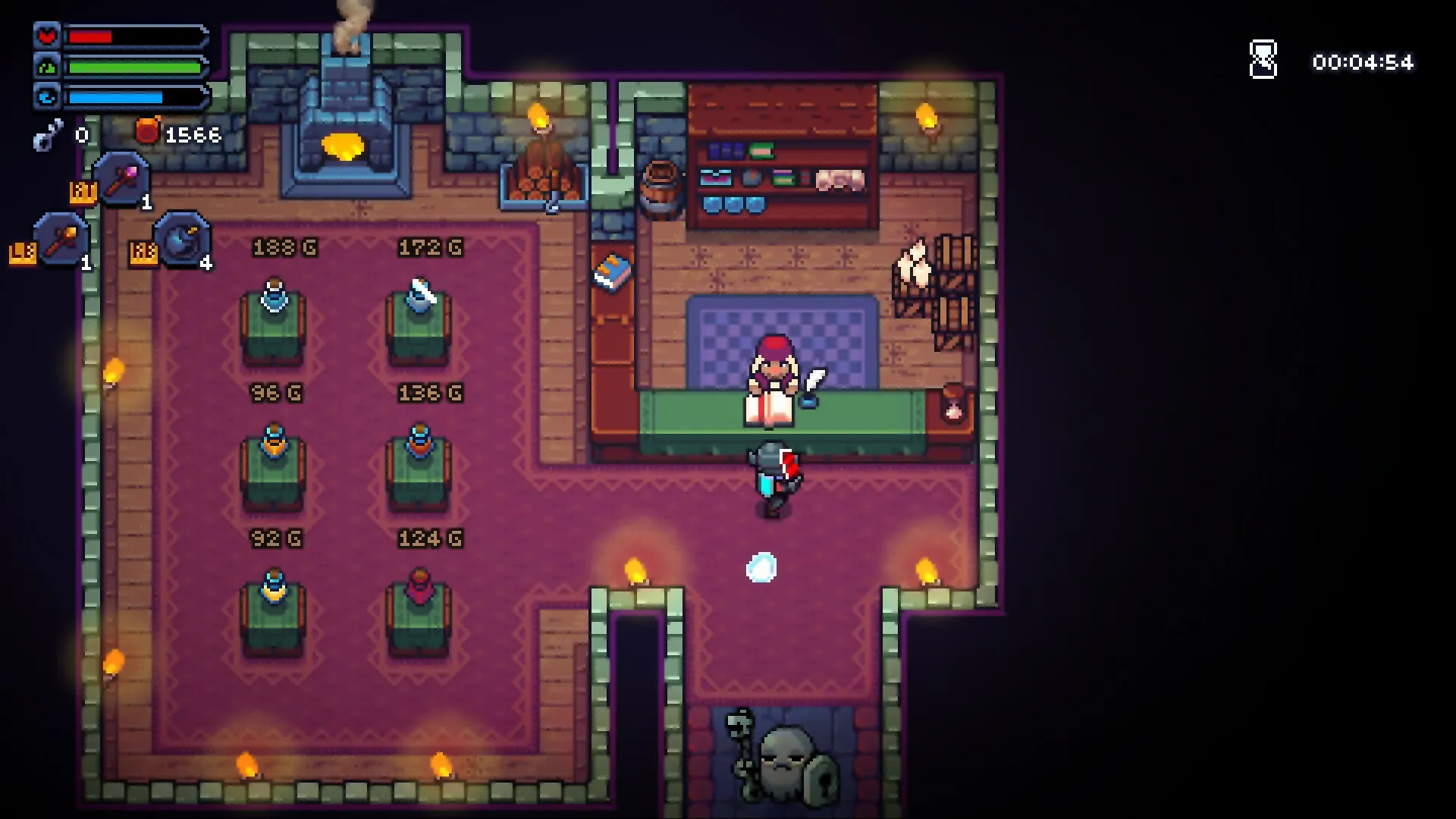 Felbound: Player interacts with shopkeeper in a cozy, candle-lit shop displaying potions and items.