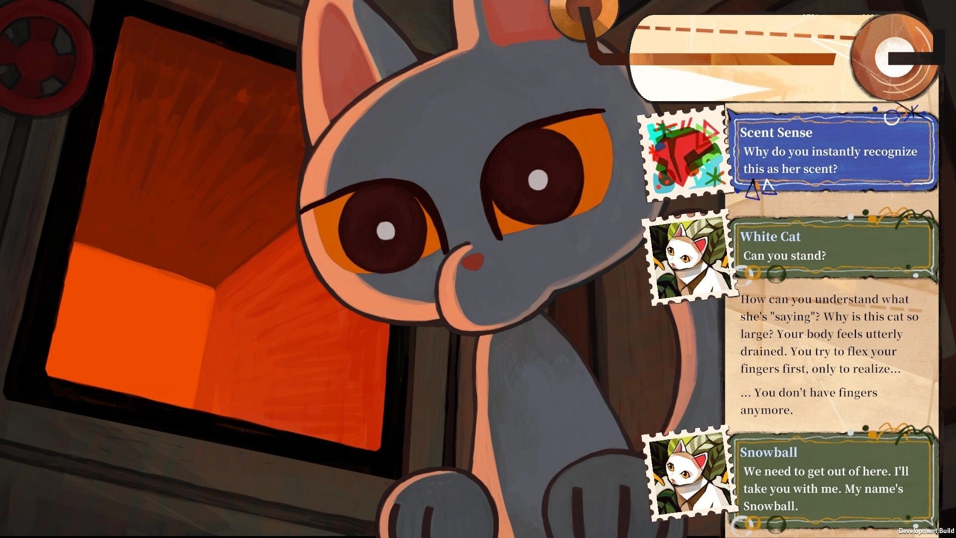 Feline Fever Dream: Close-up gray cat by glowing incinerator as dialogue UI lists Scent Sense and Snowball.