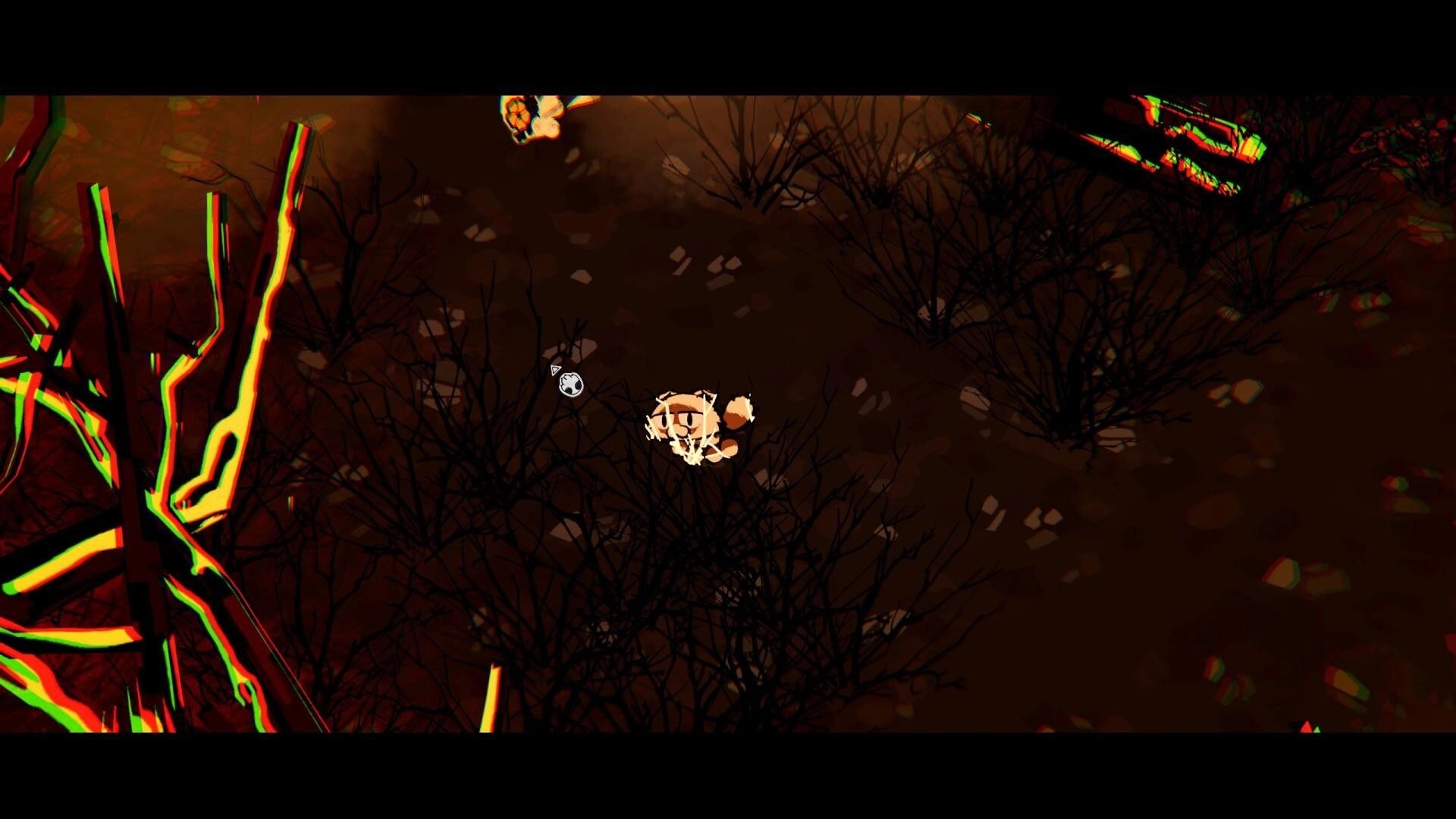 Feline Fever Dream: Top-down cat avatar with cursor icon moving through a dark, glitchy forest path.