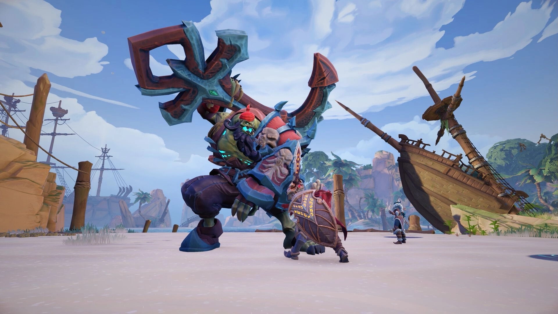 Fellowship: Giant warrior with axe battling small armored figure on sandy beach with shipwreck nearby
