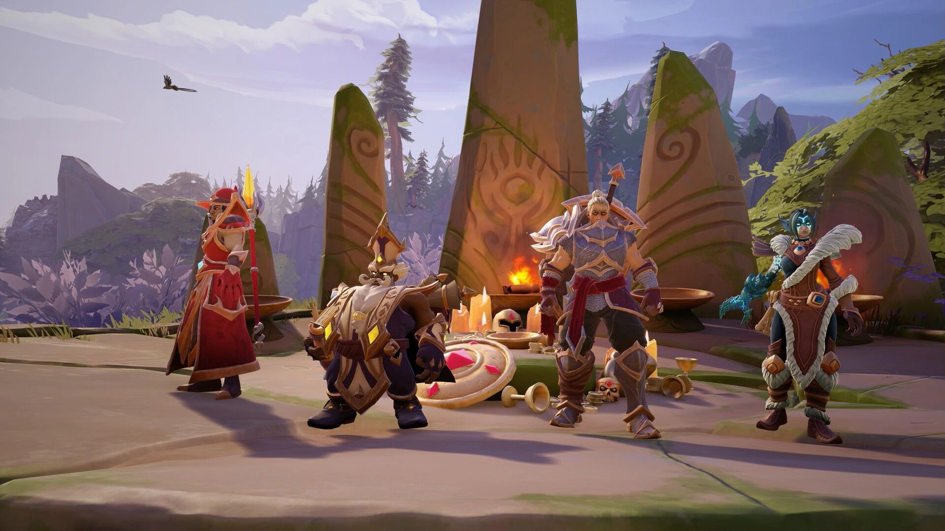 Fellowship: Four adventurers stand ready in a mystical stone circle with lush forest backdrop