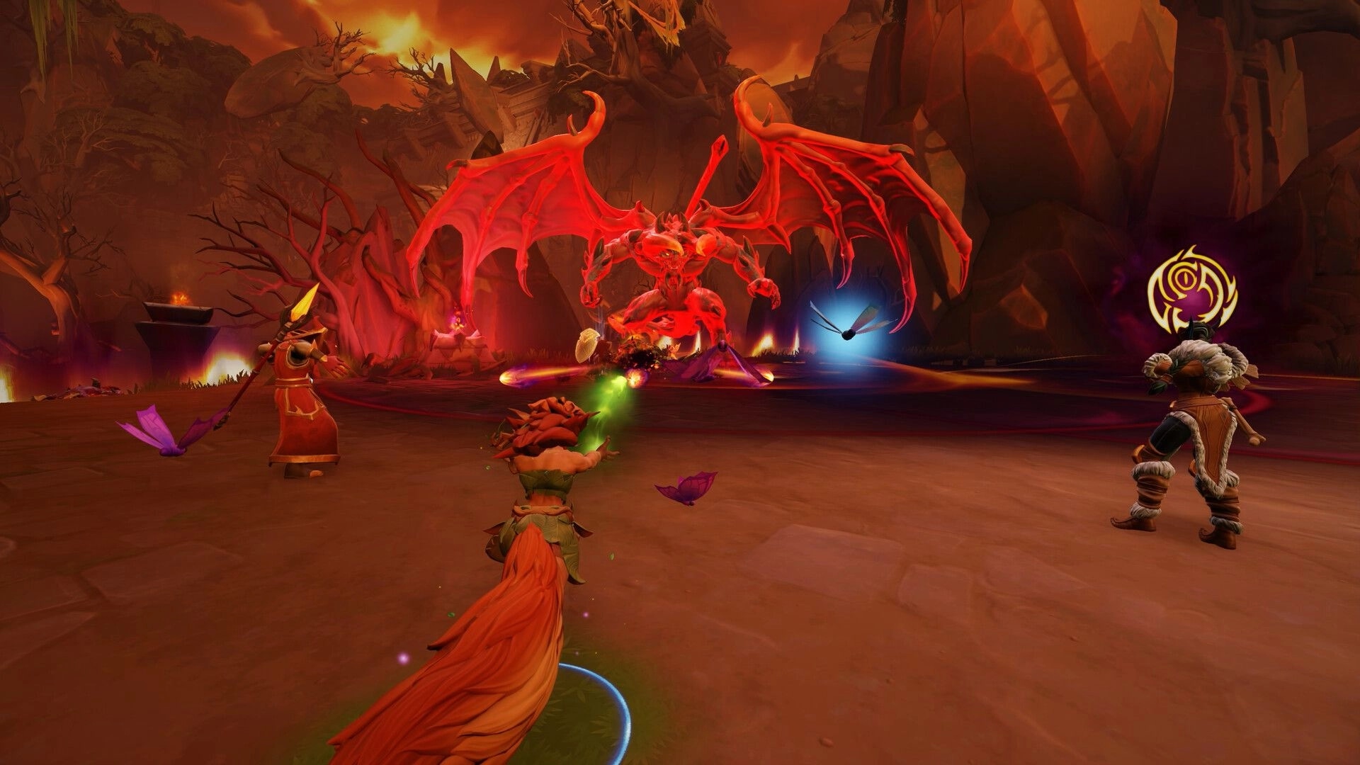 Fellowship: Battle against a giant red demon in a fiery cavern with three characters casting spells