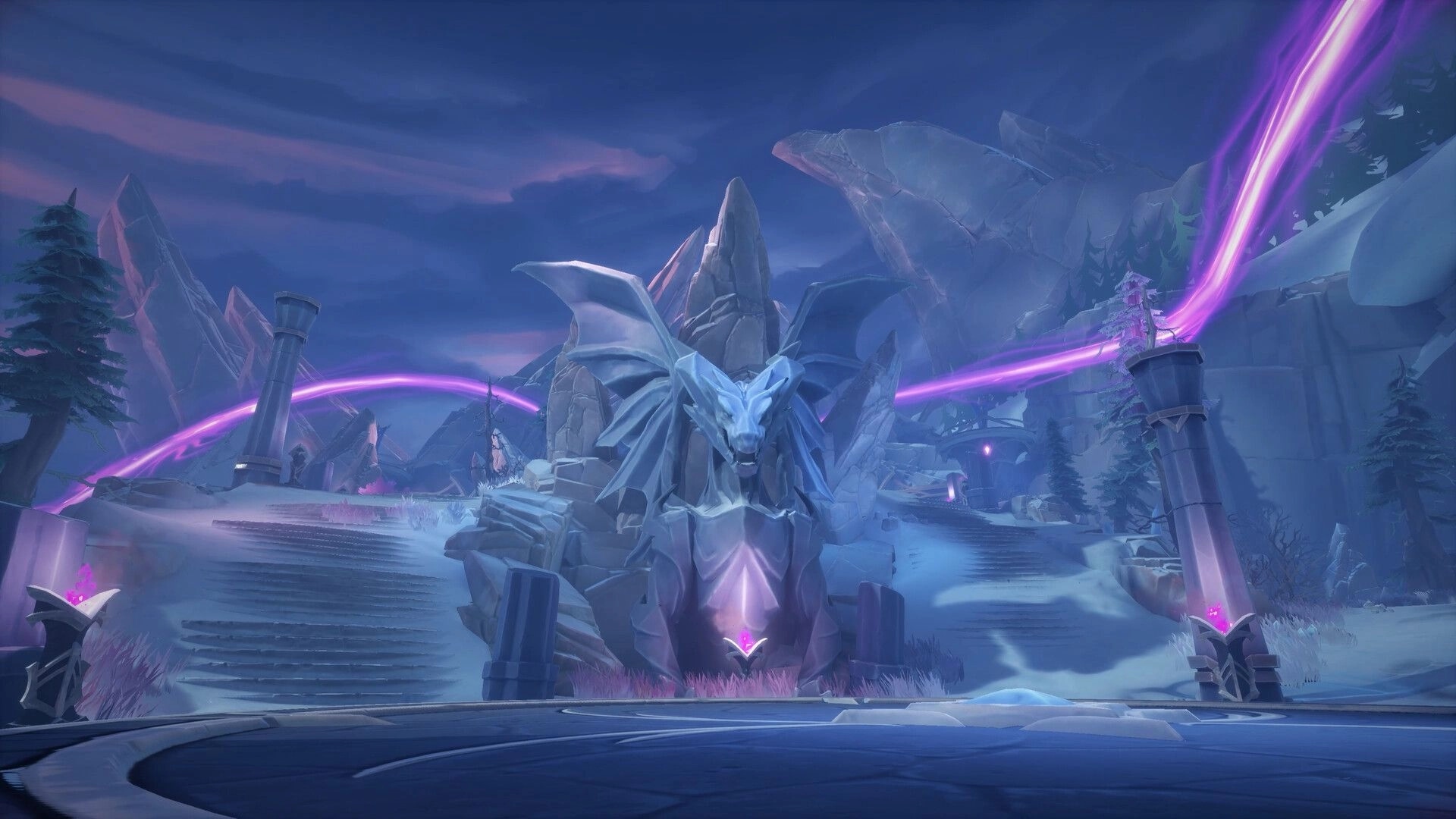 Fellowship: Majestic stone dragon statue amidst glowing purple energy beams in snowy mountain landscape