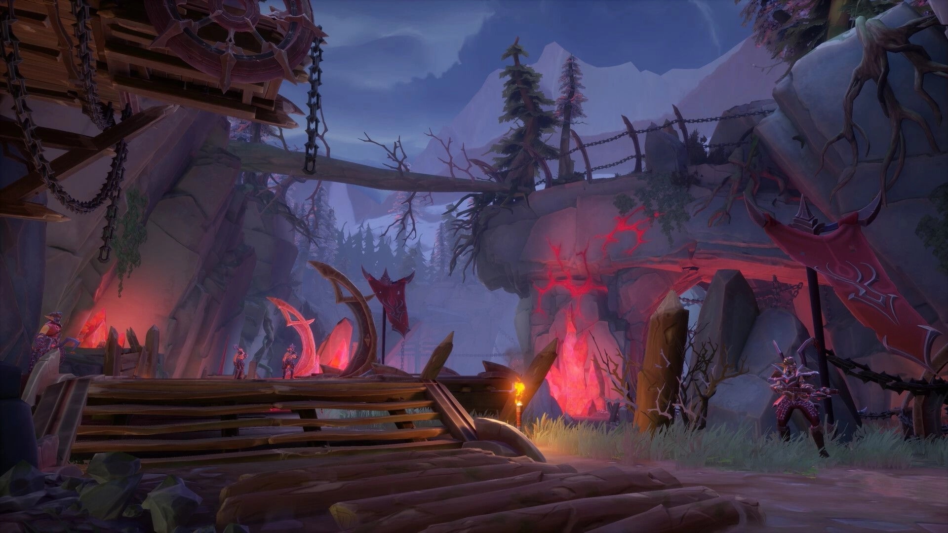 Fellowship: Adventurers gather in a mystical canyon with glowing red crystals and wooden structures.