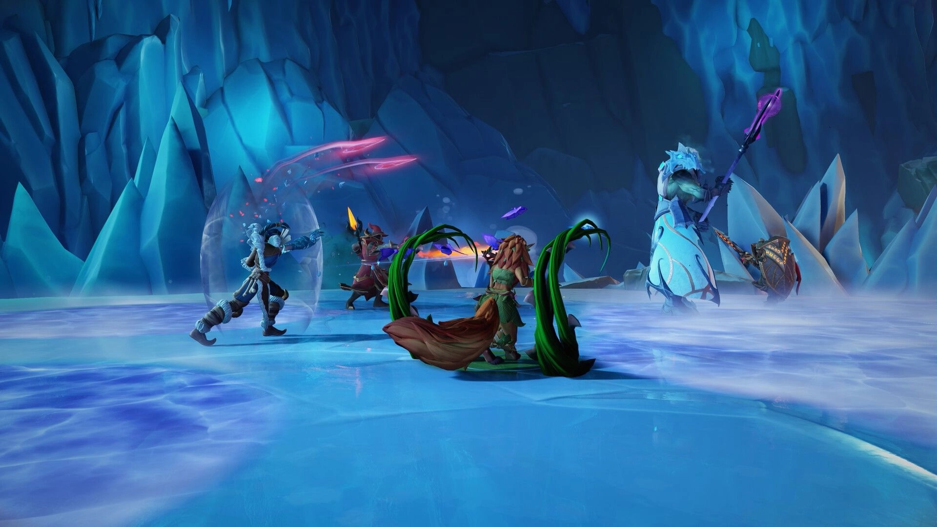 Fellowship: Adventurers engage in magical combat against icy foes in a mystical, frozen cavern.
