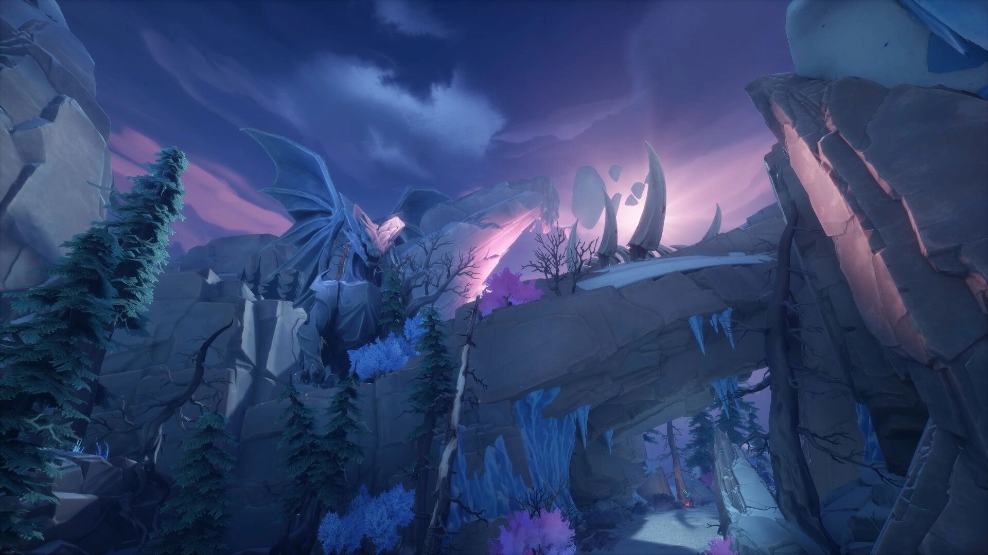 Fellowship: Majestic dragon statue in a twilight mountain pass with icy cliffs and purple trees