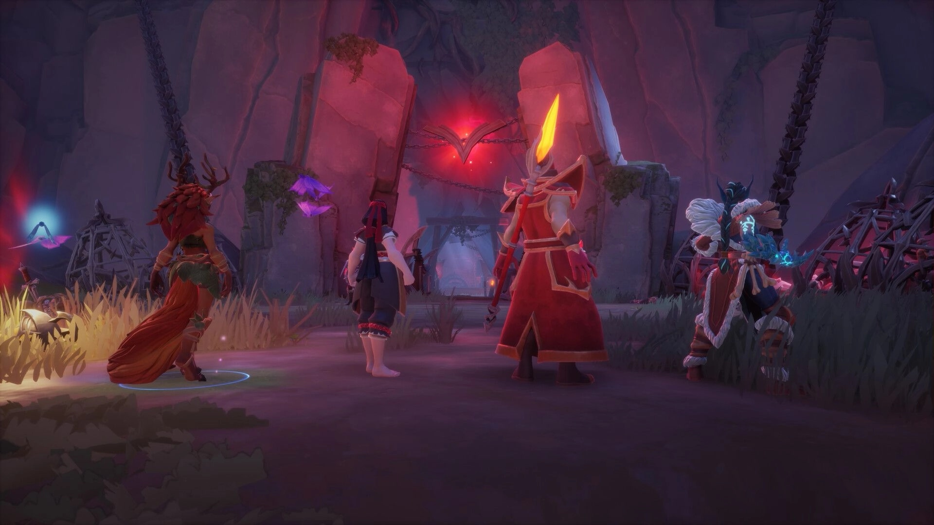 Fellowship: Four characters prepare for a dungeon raid at a mystical stone gate with glowing symbols.