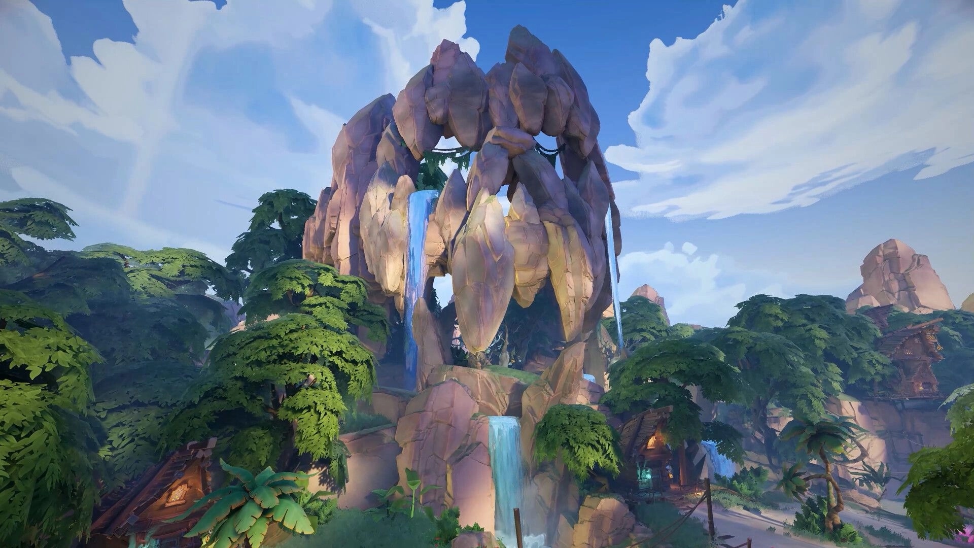 Fellowship: Majestic stone arch with cascading waterfalls in lush forest setting under a clear blue sky.