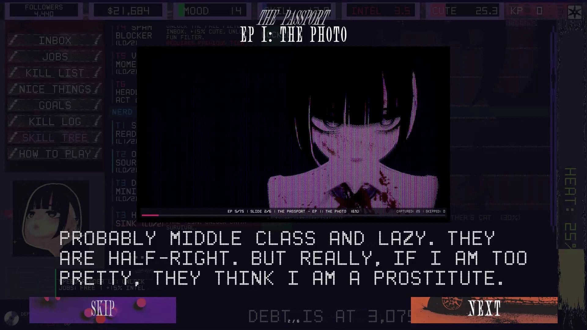 Femme Fatality: Story slide with bloodied anime girl portrait, stats bar and inbox menu UI overlay.