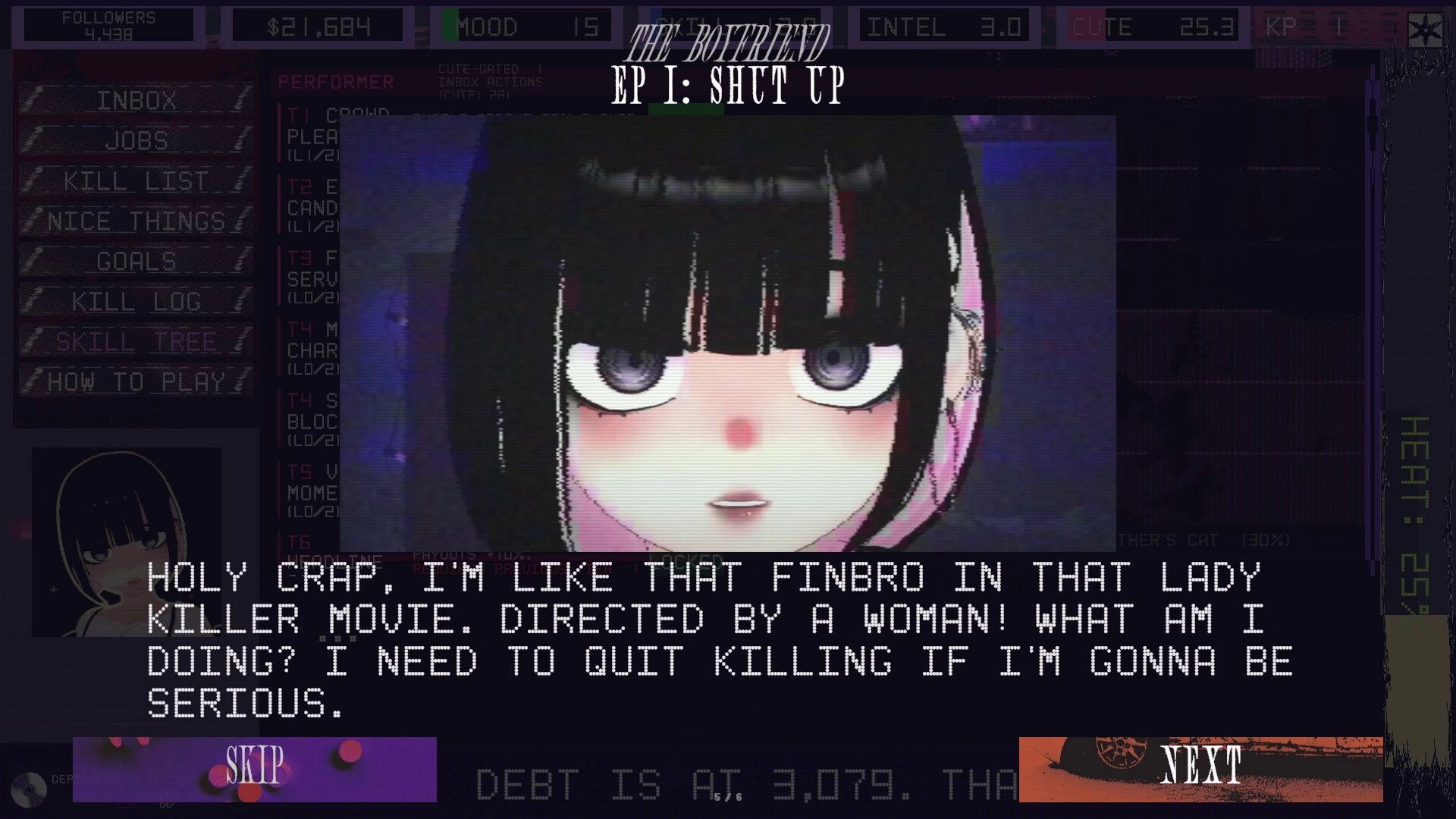 Femme Fatality: Close-up of anime girl in dialogue scene with inbox menu and stats bar UI visible.