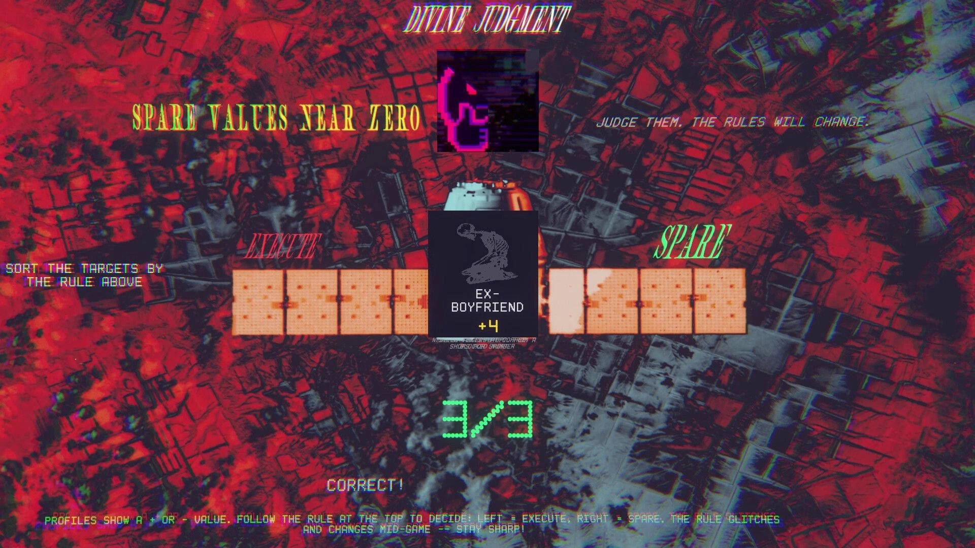 Femme Fatality: Divine Judgment sorting minigame with Execute/Spare cards over glitchy red map backdrop.