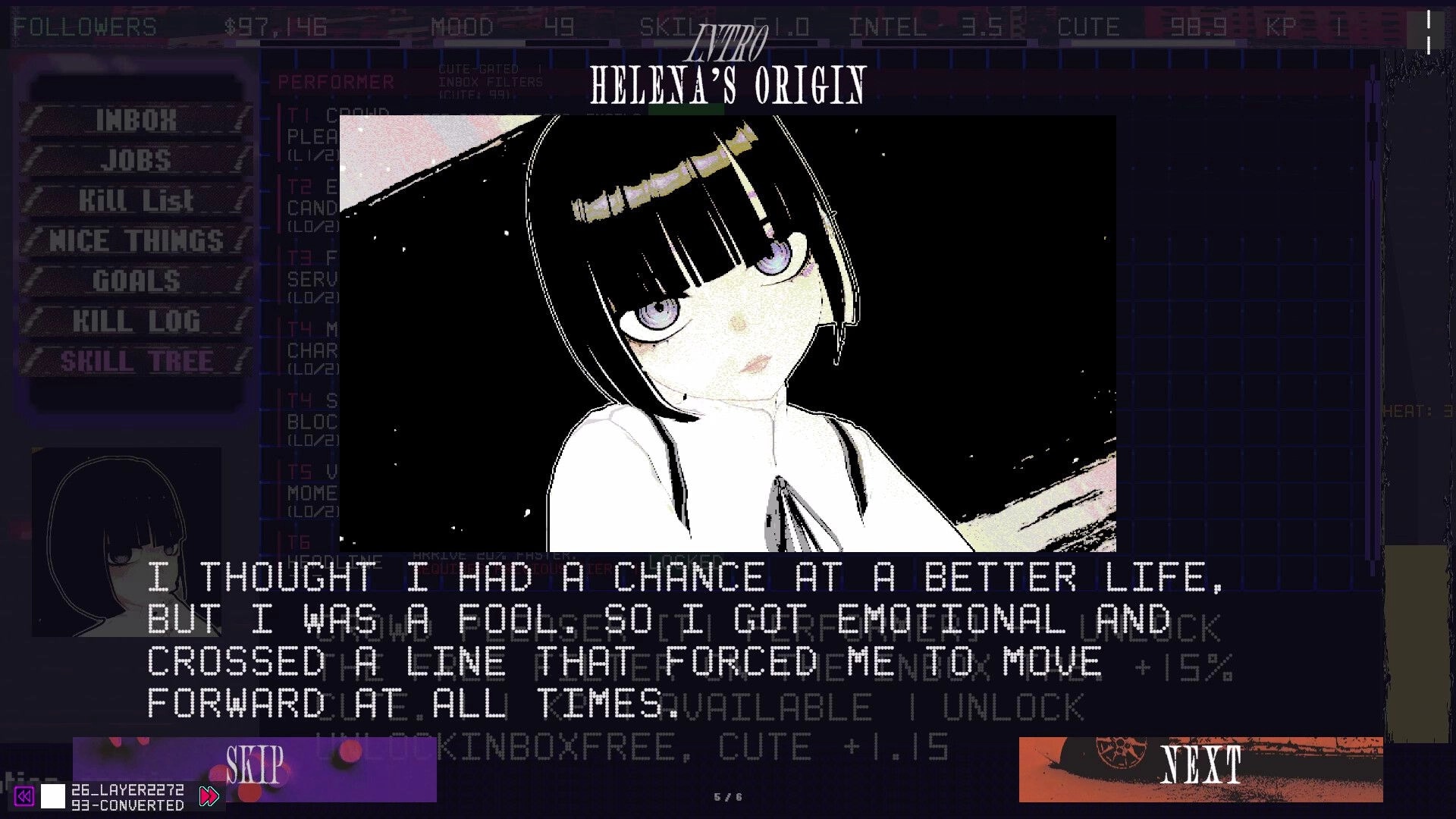 Femme Fatality: Helena’s Origin dialogue scene with anime girl portrait, skip and next buttons UI.