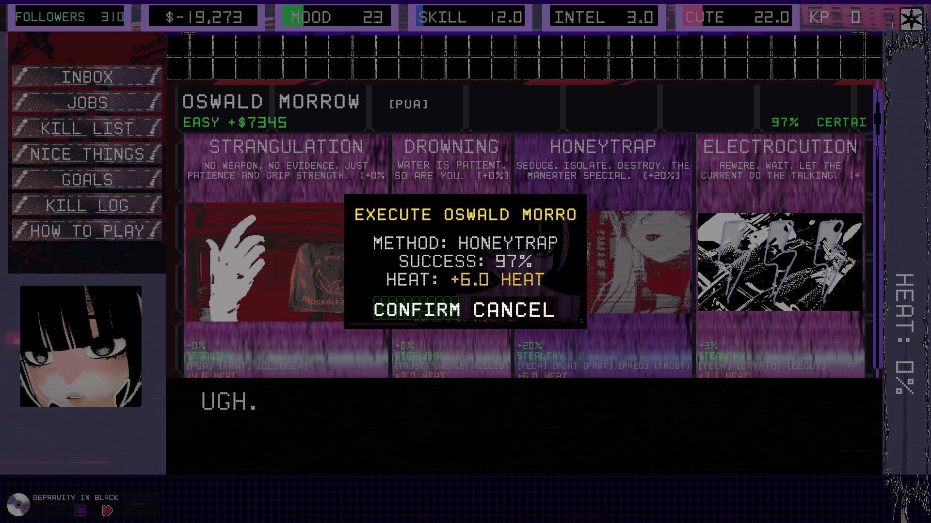 Femme Fatality: Execute Oswald Morrow popup with honeytrap method and confirm/cancel on kill menu.
