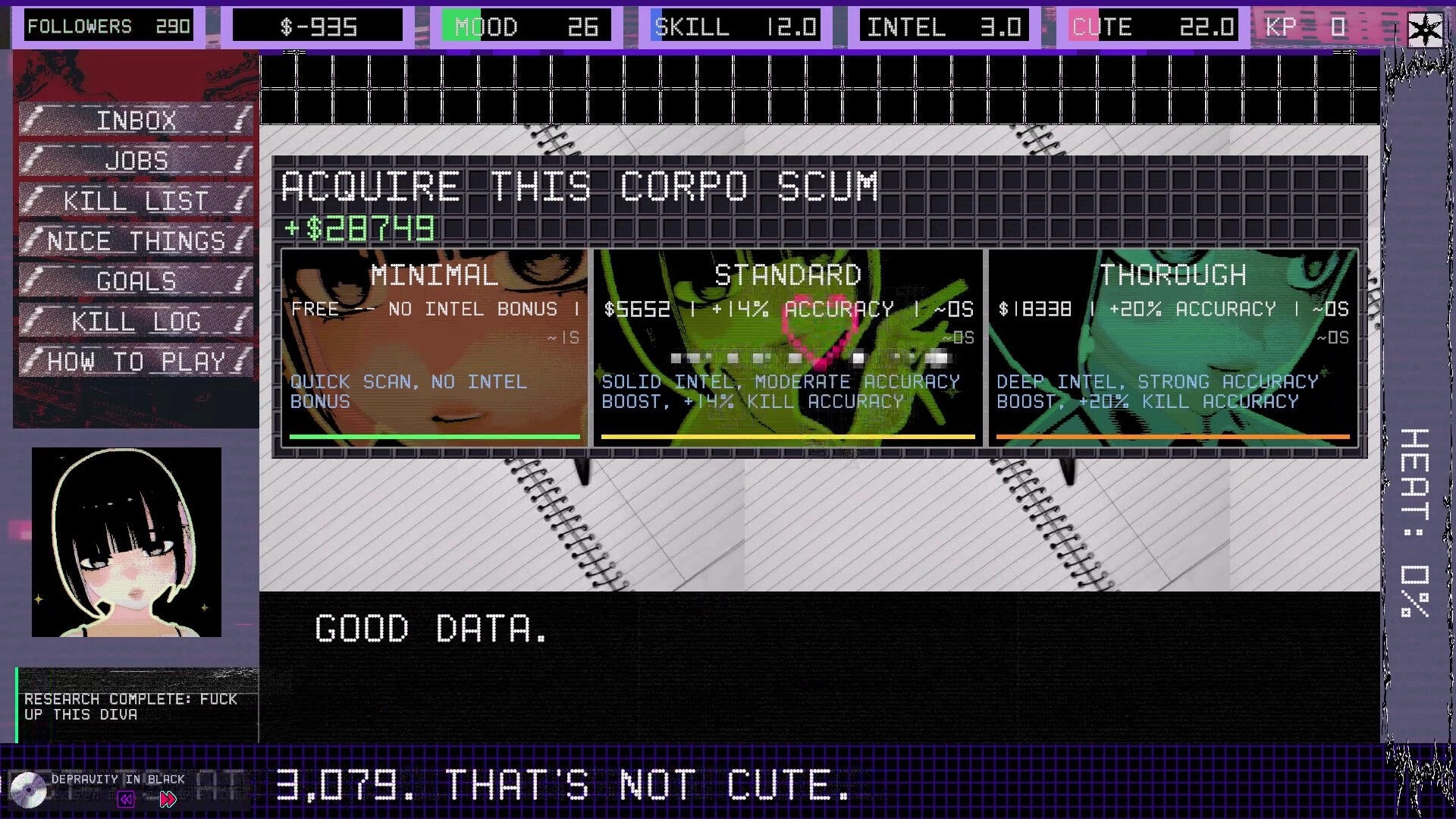Femme Fatality: Research menu to acquire corpo scum with scan options, stats bar and anime portrait UI.