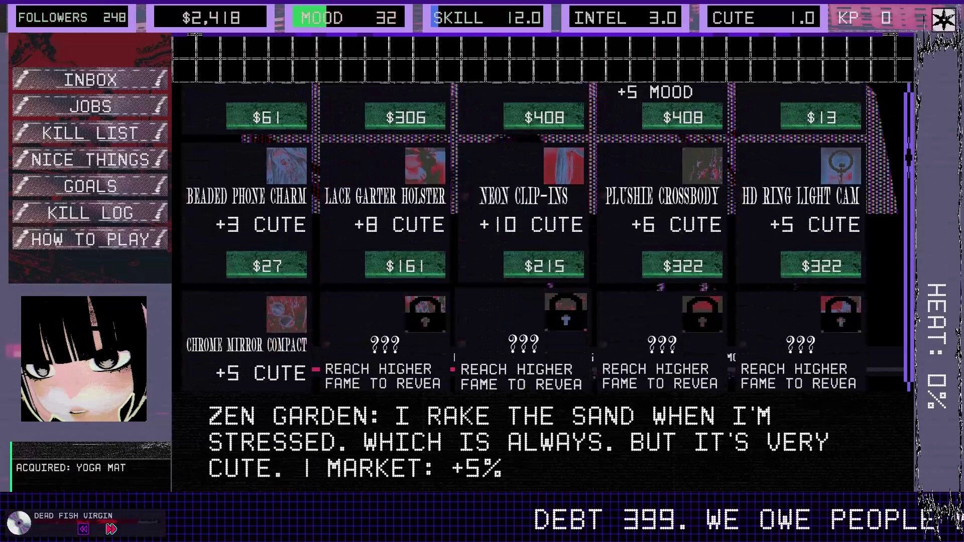 Femme Fatality: Nice Things shop grid with cute item cards, stats bar on top, menu sidebar left.