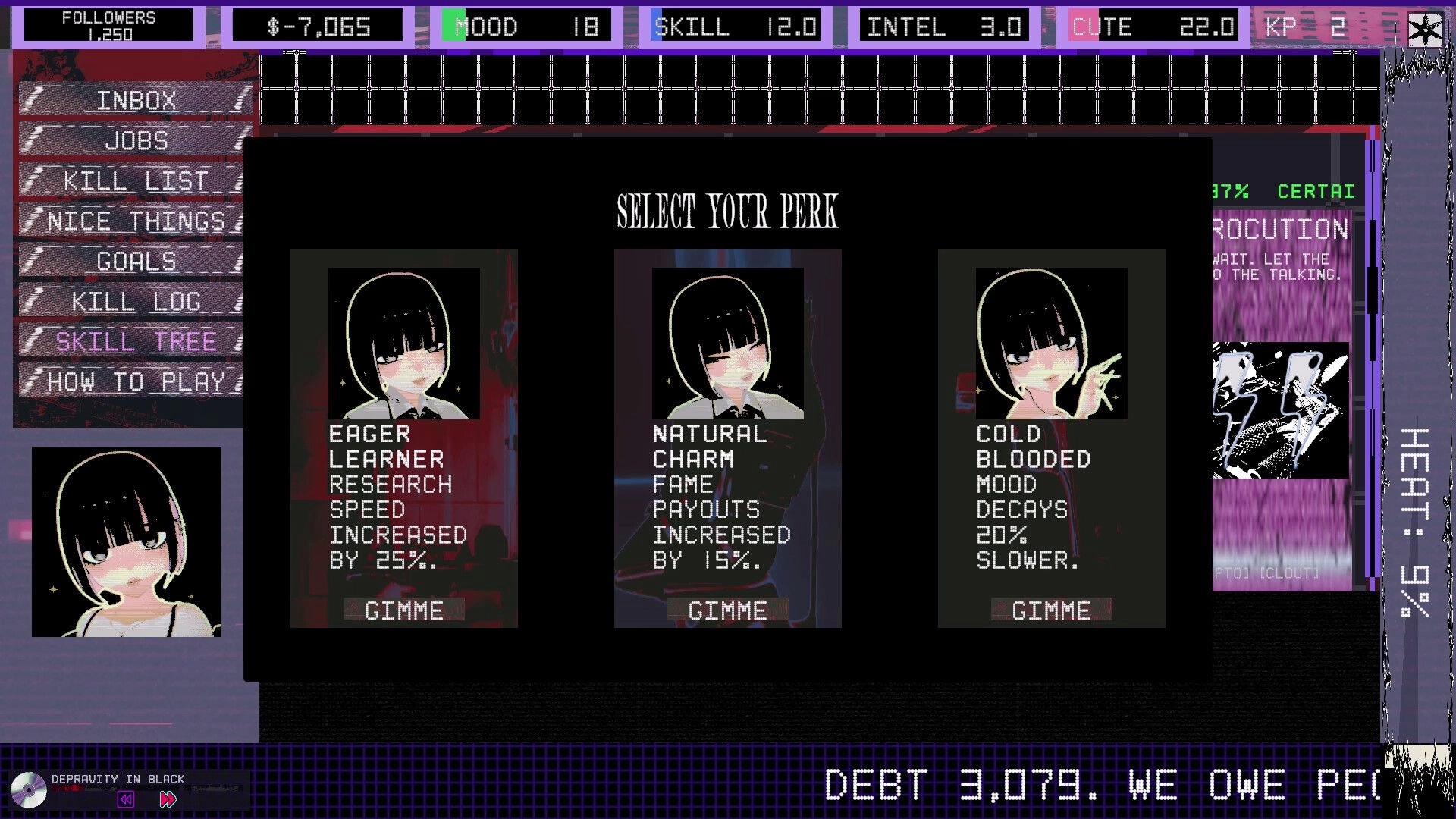 Femme Fatality: Skill tree perk selection with three cards and stats bar in glitchy purple UI screen.