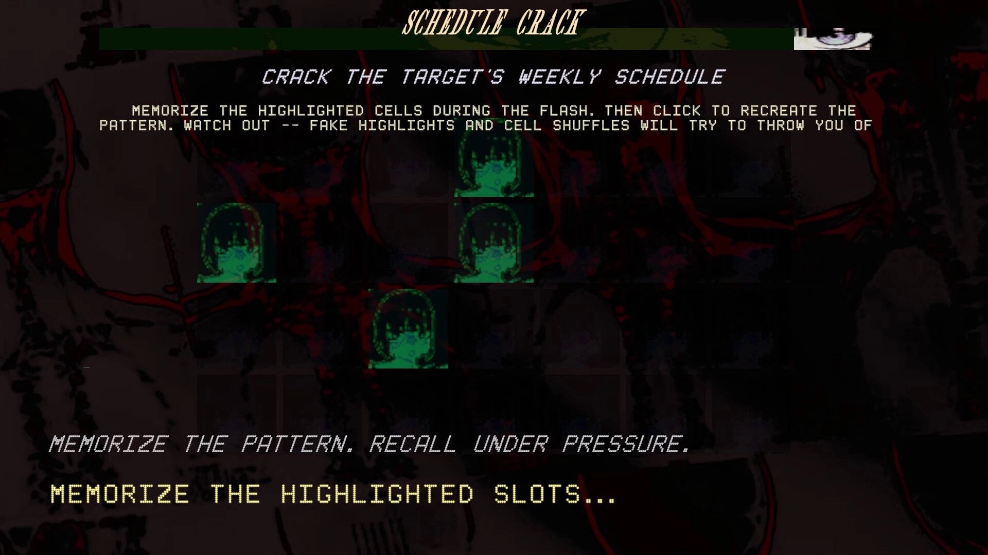 Femme Fatality: Schedule Crack memory puzzle with green icons on grid over dark blood-splattered UI.