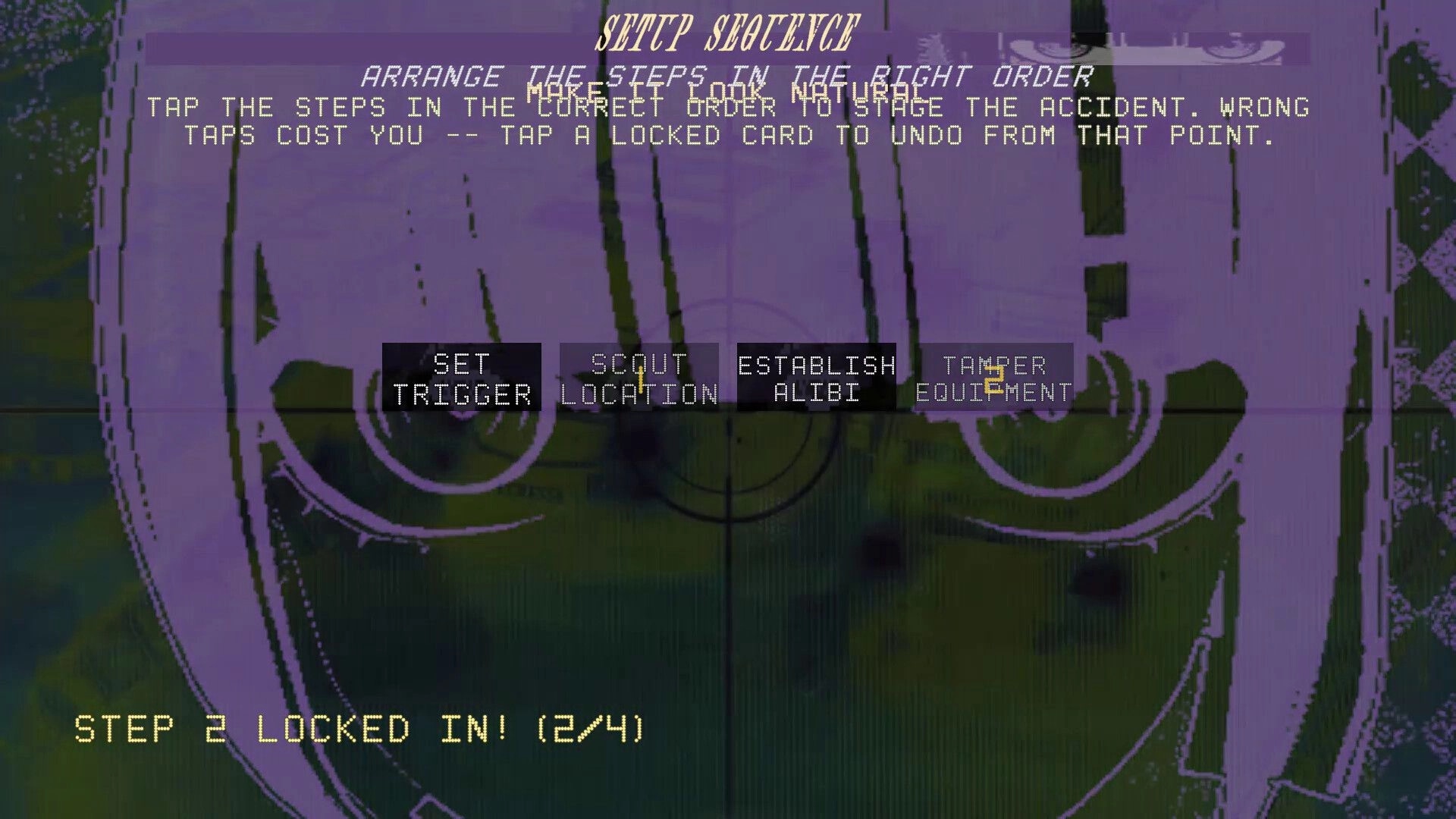 Femme Fatality: Setup sequence puzzle with step cards and buttons over a masked face background.