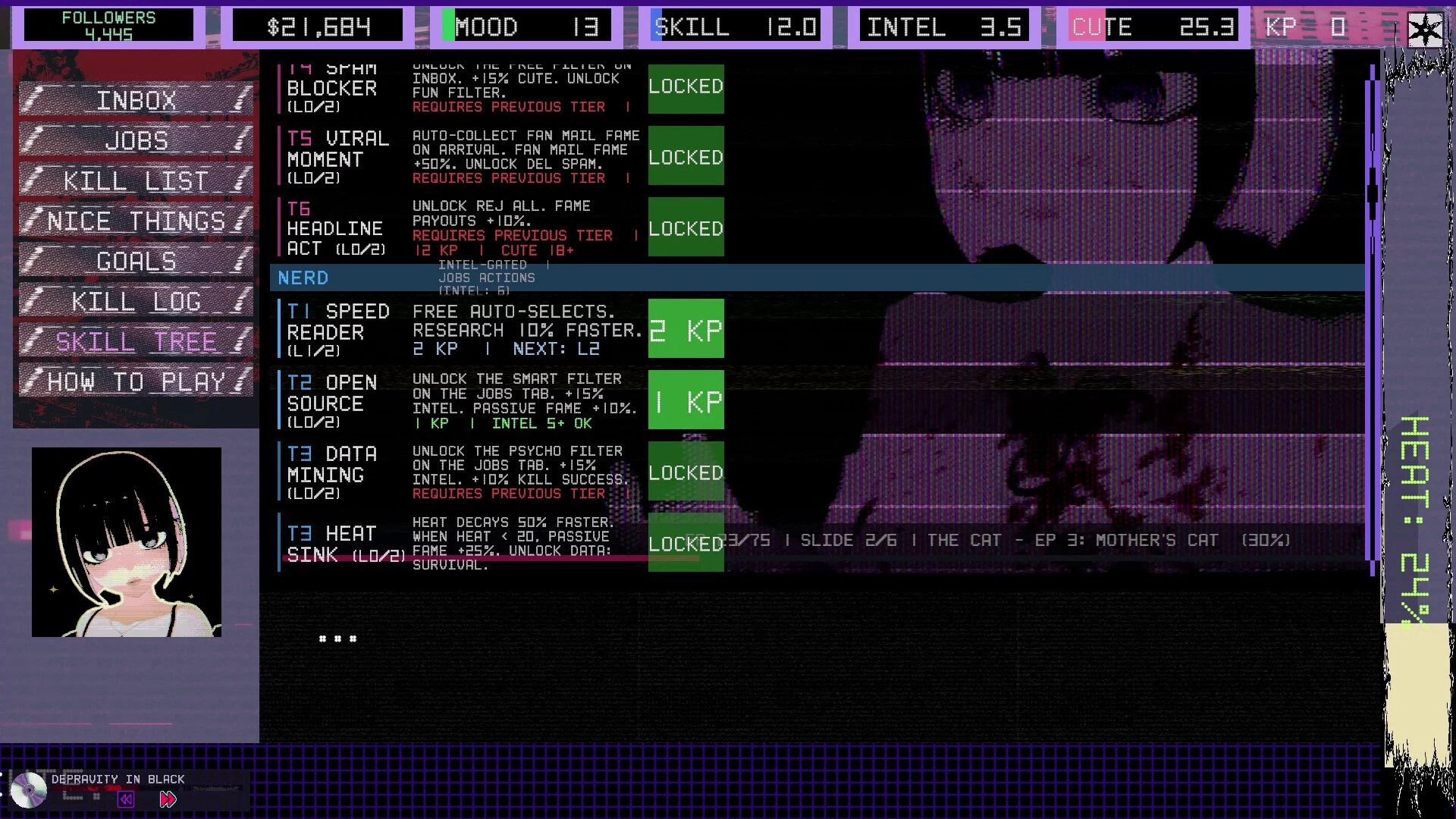 Femme Fatality: Skill tree upgrade list with KP costs, sidebar menu and stats over glitchy backdrop.
