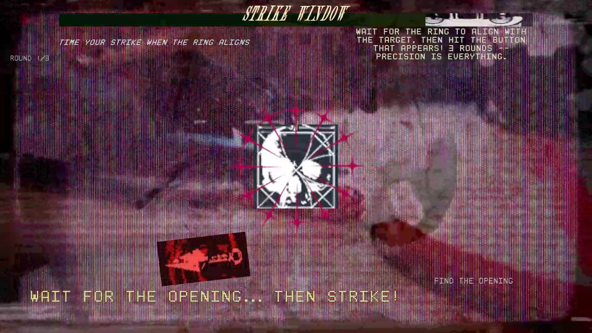 Femme Fatality: Strike window QTE with ring target and round 1/3 prompts over blurred close-up face.