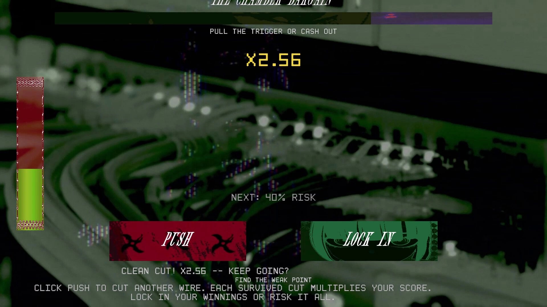 Femme Fatality: Wire-cutting risk minigame UI with x2.56 multiplier, Push and Lock In over cables.