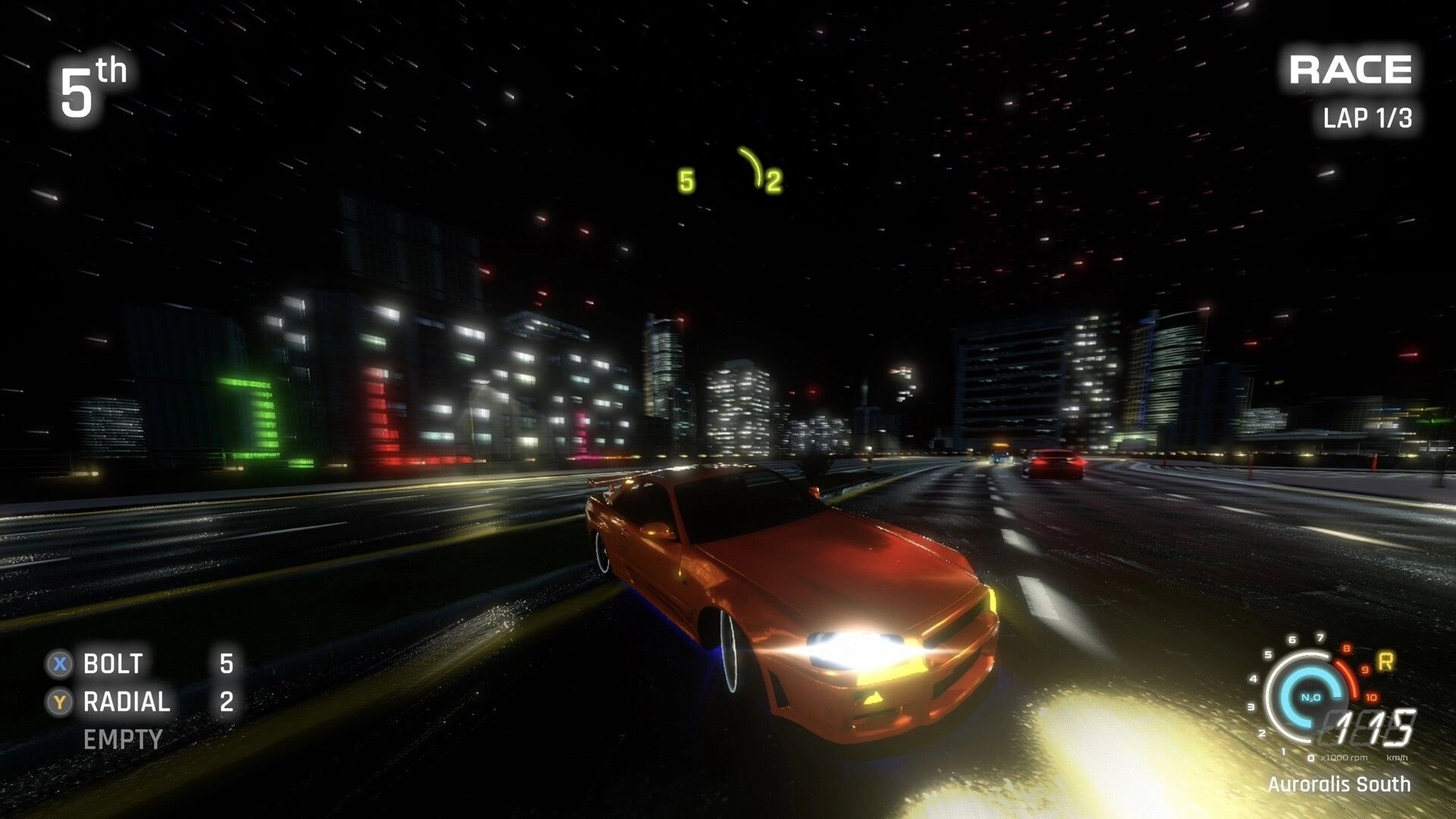 FENDERSHOT: Orange car drifting in 5th place on neon city highway at night, lap 1/3 HUD visible.